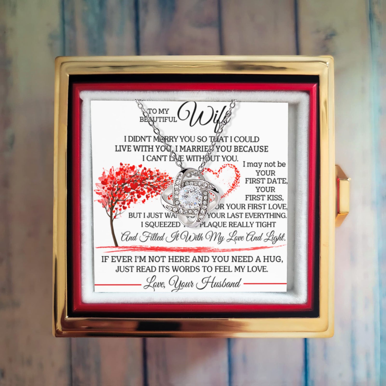 To My Wife – I Can't Live Without You Love Knot Necklace with Rotating Rose Gift Box-Express Your Love Gifts