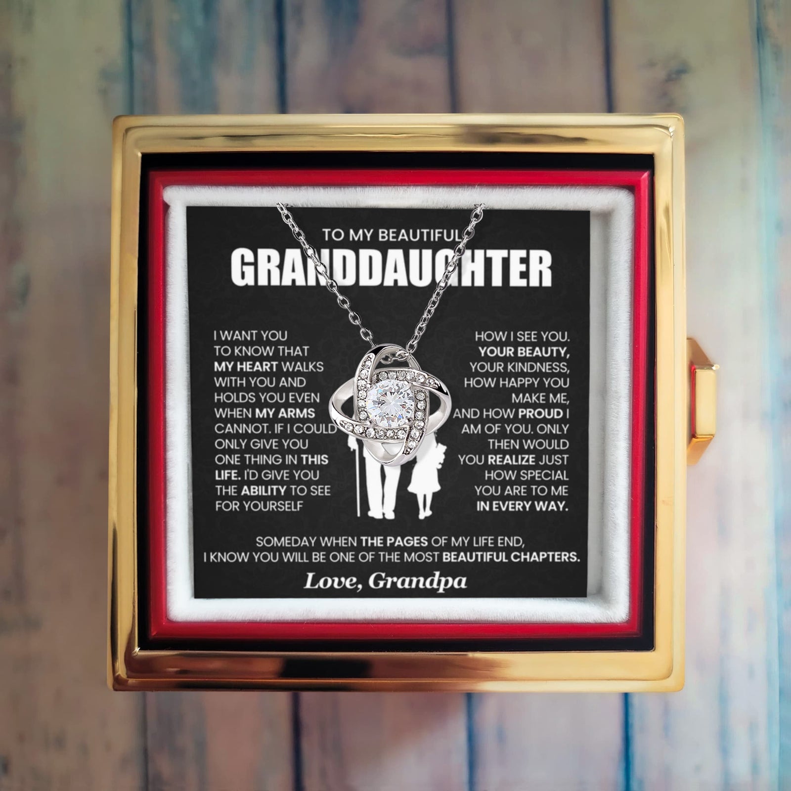 To My Granddaughter – Beautiful Chapters Love Knot Necklace with Rotating Rose Gift Box-Express Your Love Gifts