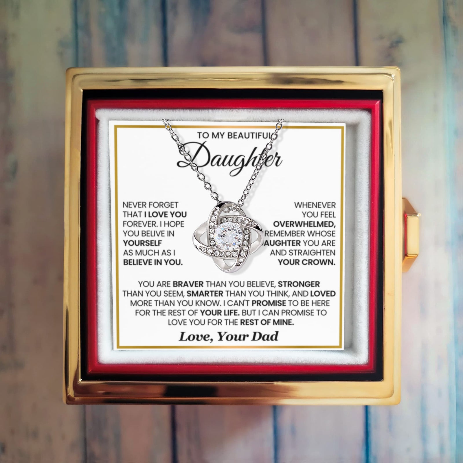 To My Daughter From Dad – Rest of Mine Love Knot Necklace with Rotating Rose Box-Express Your Love Gifts