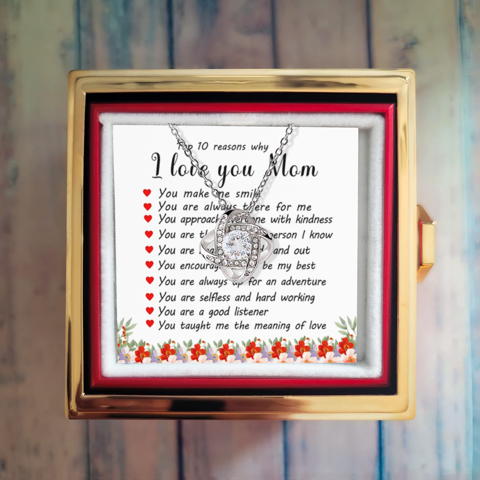 To Mom – Top 10 Reasons I Love You Necklace with Rotating Rose Gift Box-Express Your Love Gifts