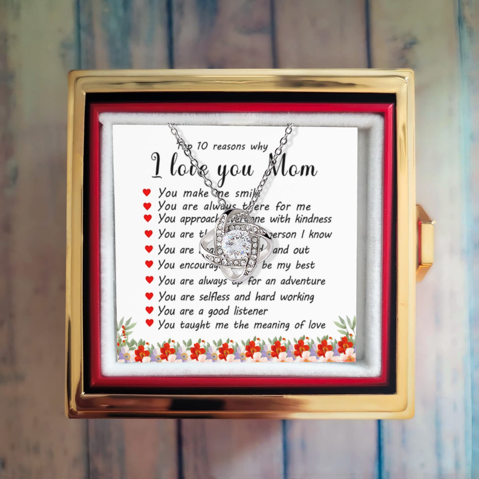 To Mom – Top 10 Reasons I Love You Necklace with Rotating Rose Gift Box-Express Your Love Gifts