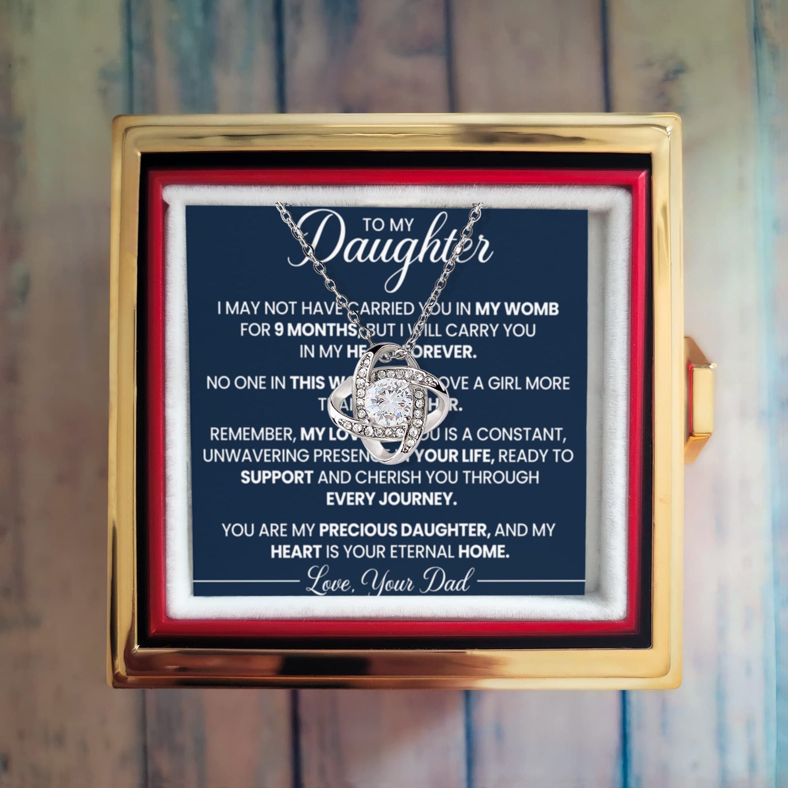 To My Daughter From Dad – In My Heart Forever Love Knot Necklace with Rotating Rose Box-Express Your Love Gifts