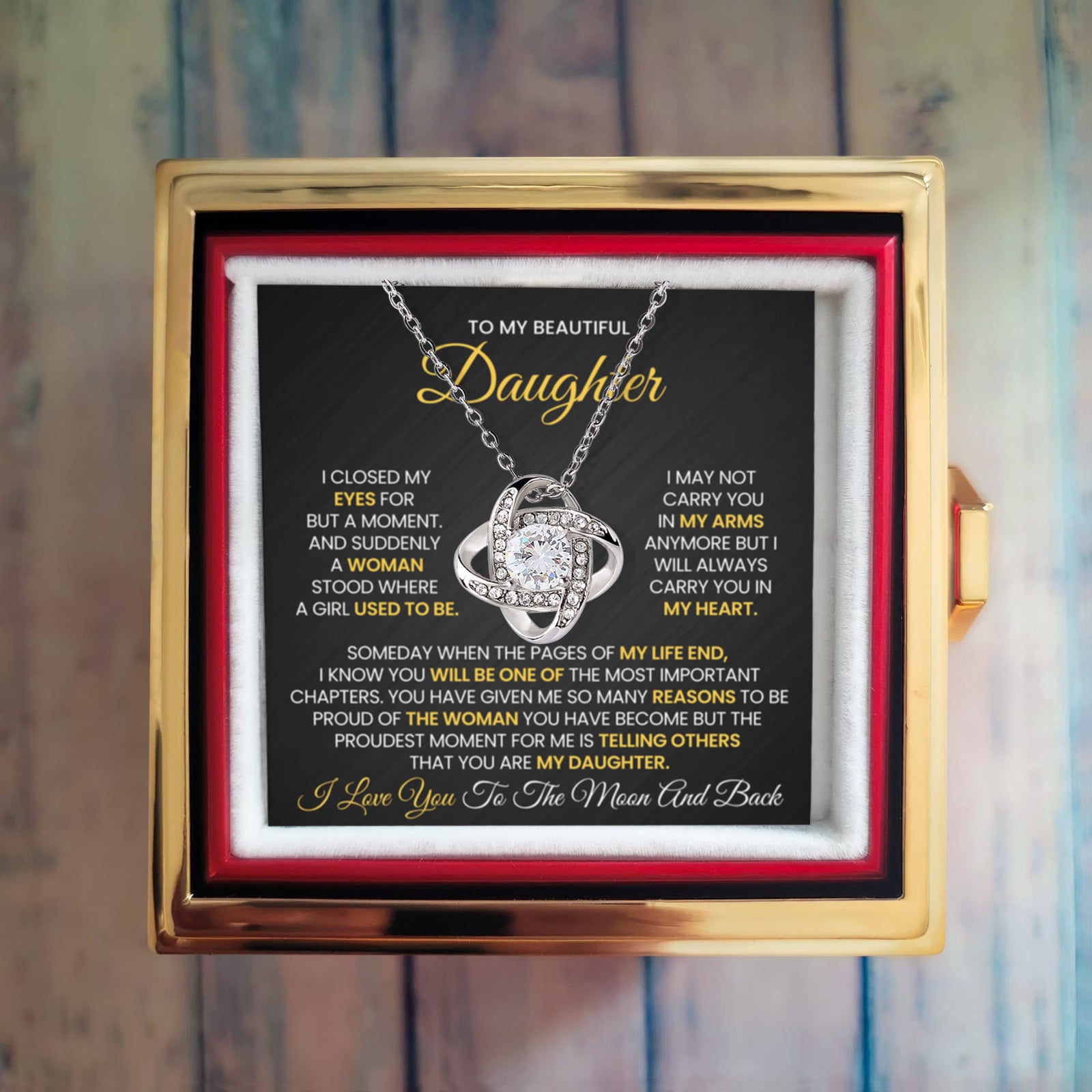 To My Daughter – I Love You to the Moon and Back Love Knot Necklace with Rotating Rose Box-Express Your Love Gifts