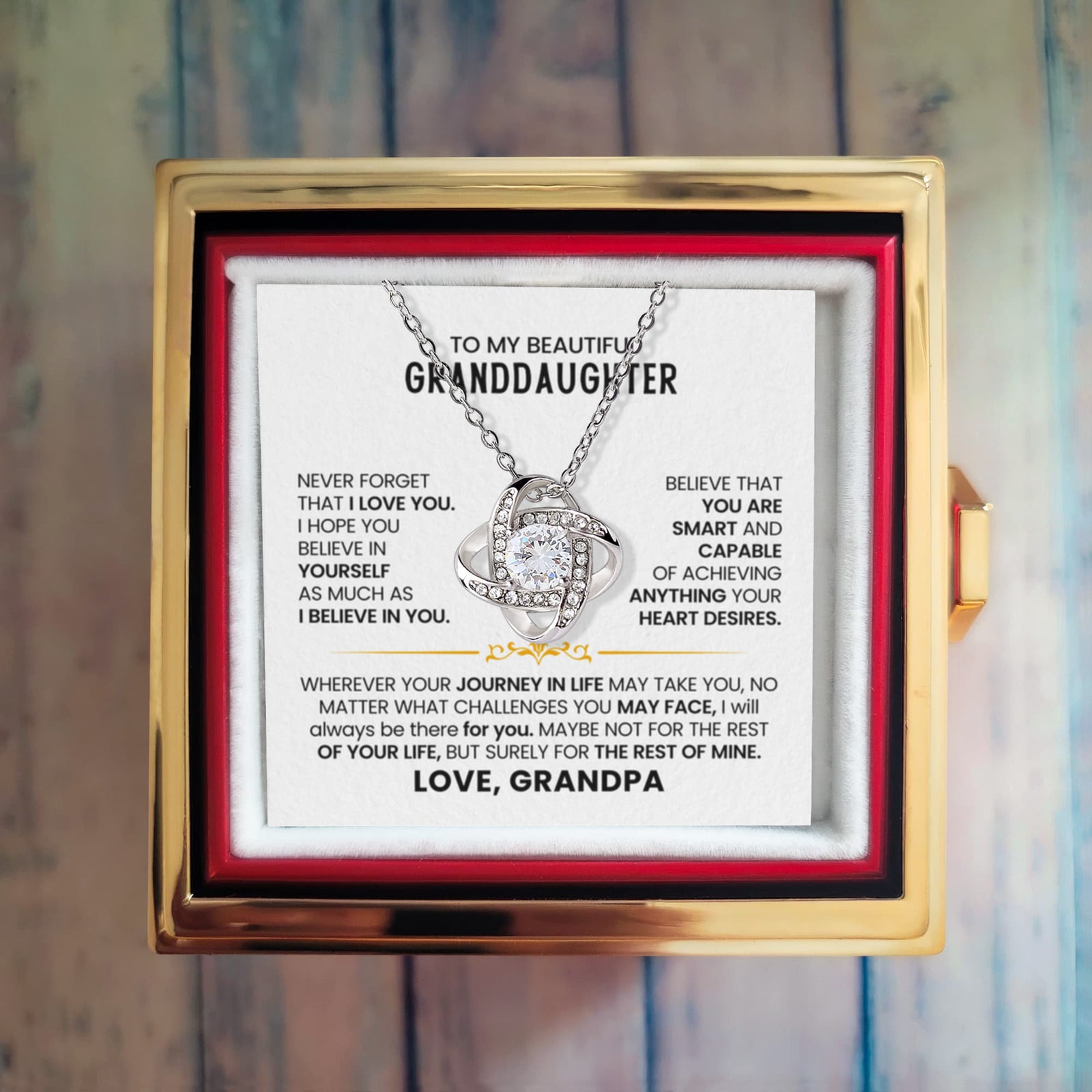 To My Granddaughter – I Believe in You Love Knot Necklace with Rotating Rose Box-Express Your Love Gifts