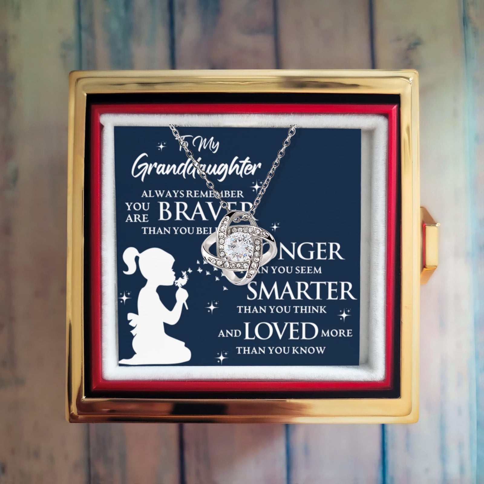 To My Granddaughter – Braver, Stronger, Smarter Love Knot Necklace with Rotating Rose Box-Express Your Love Gifts
