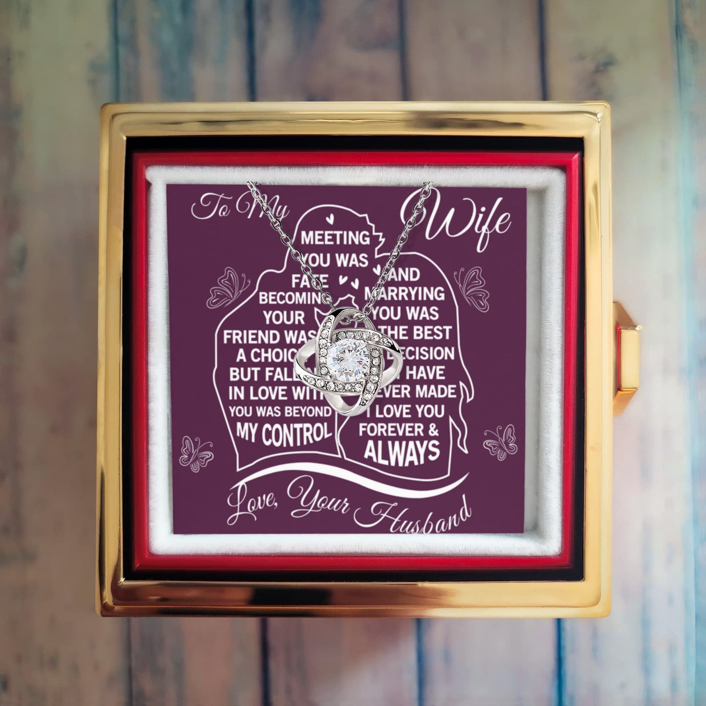 To My Wife – Meeting You Was Fate Love Knot Necklace with Rotating Rose Gift Box-Express Your Love Gifts