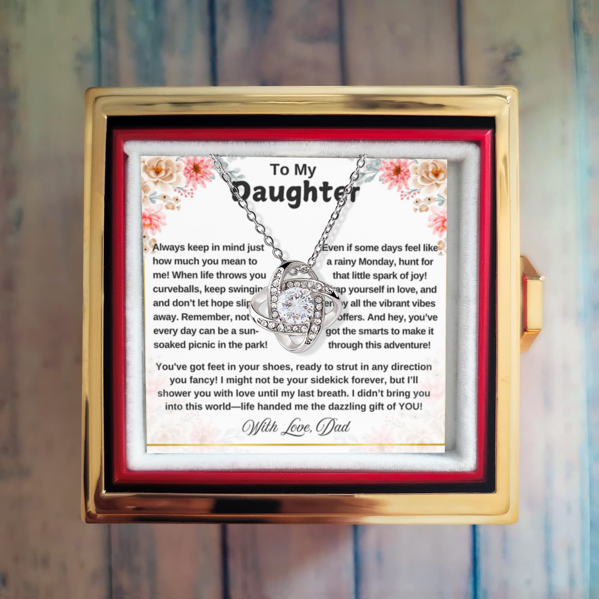 To My Daughter From Dad Dazzling Gift Love Knot with Rotating Rose Box-Express Your Love Gifts