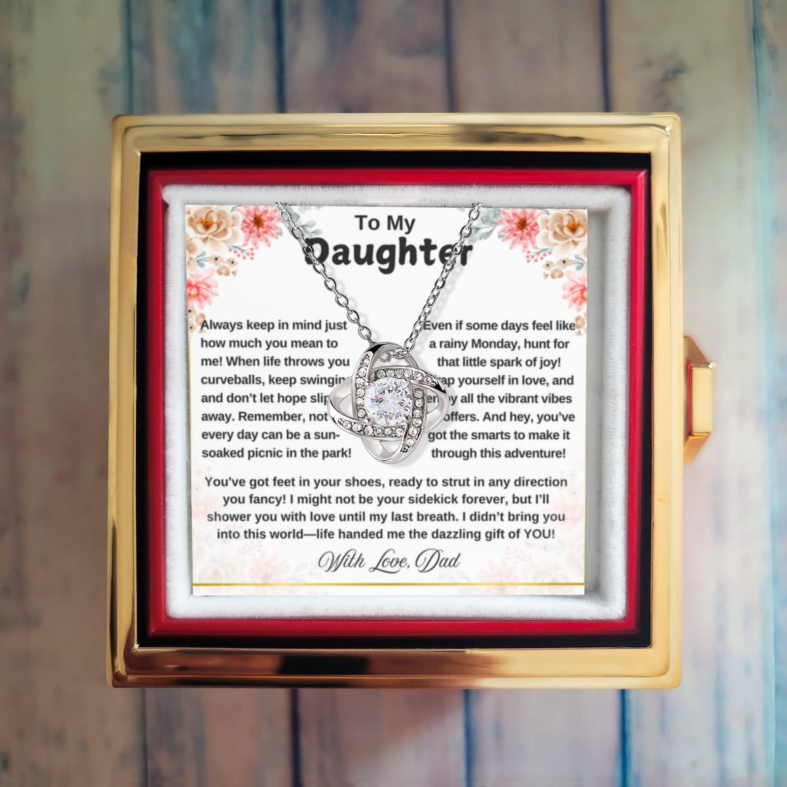 To My Daughter From Dad Dazzling Gift Love Knot with Rotating Rose Box-Express Your Love Gifts