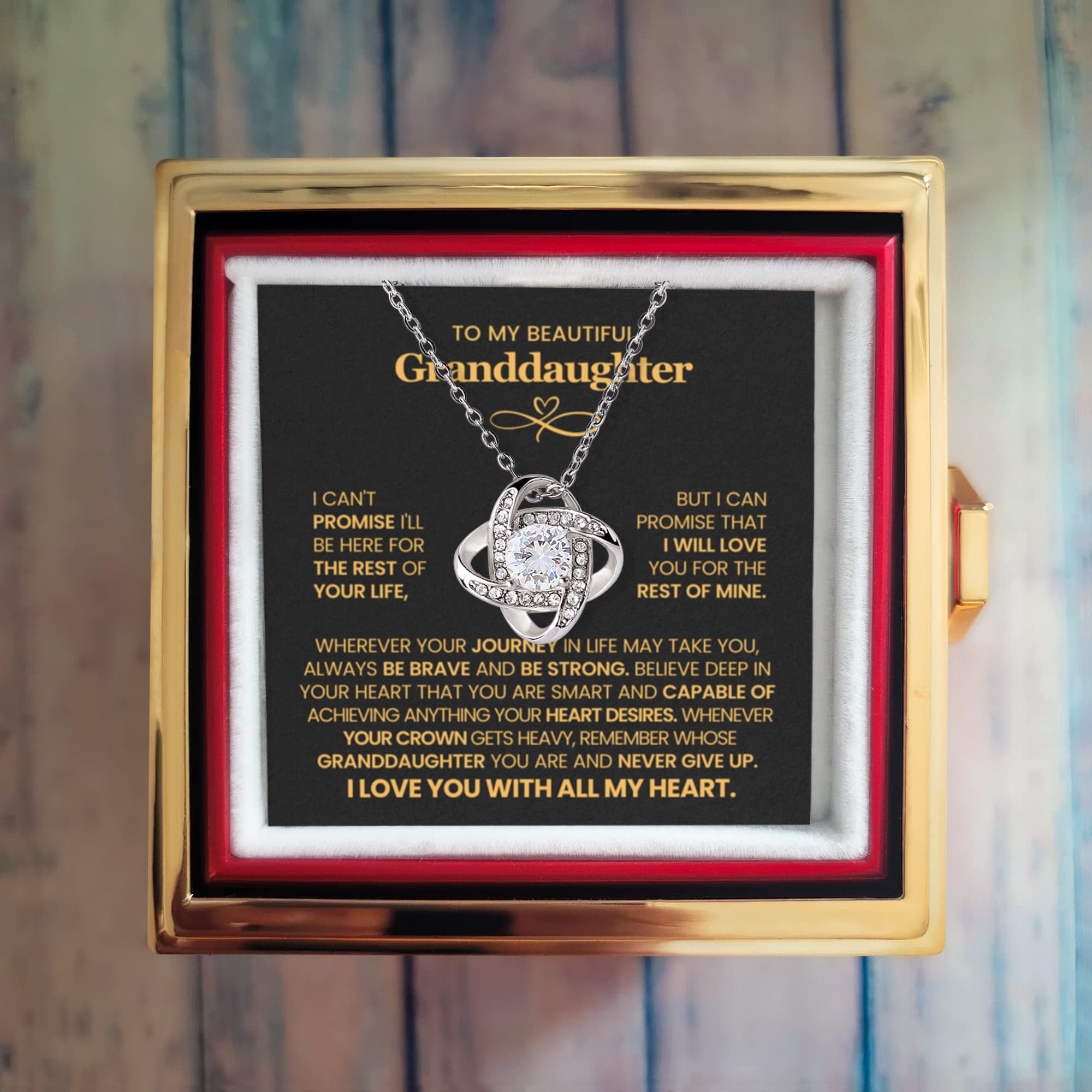 To My Granddaughter – Never Give Up Love Knot Necklace with Rotating Rose Box-Express Your Love Gifts