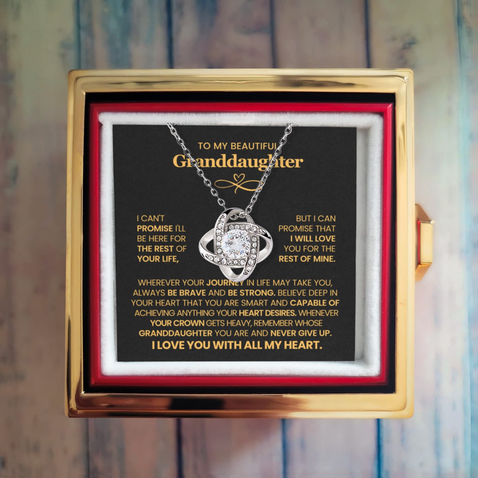 To My Granddaughter – Never Give Up Love Knot Necklace with Rotating Rose Box-Express Your Love Gifts