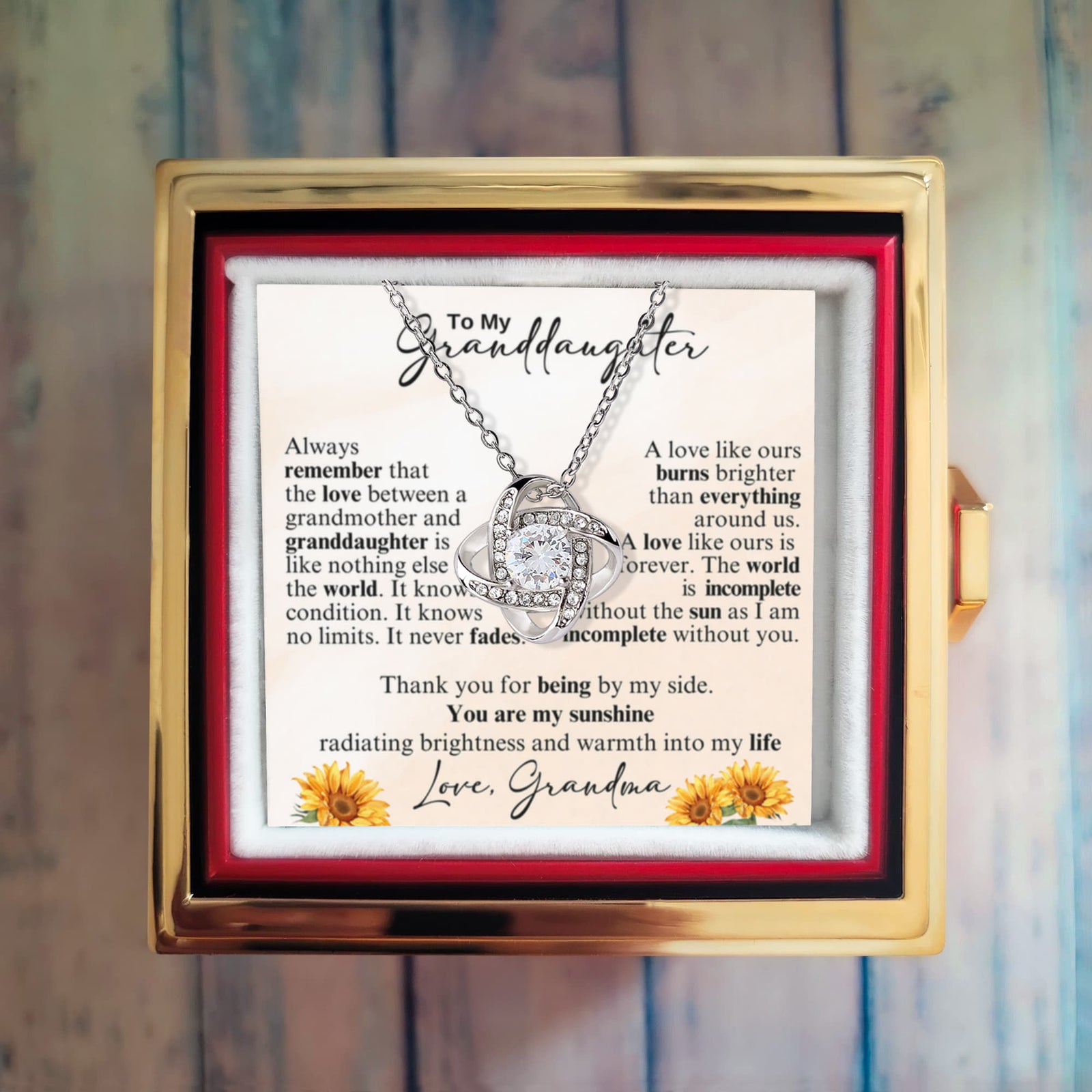 To Granddaughter From Grandma You Are My Sunshine Love Knot with Rotating Rose Box-Express Your Love Gifts