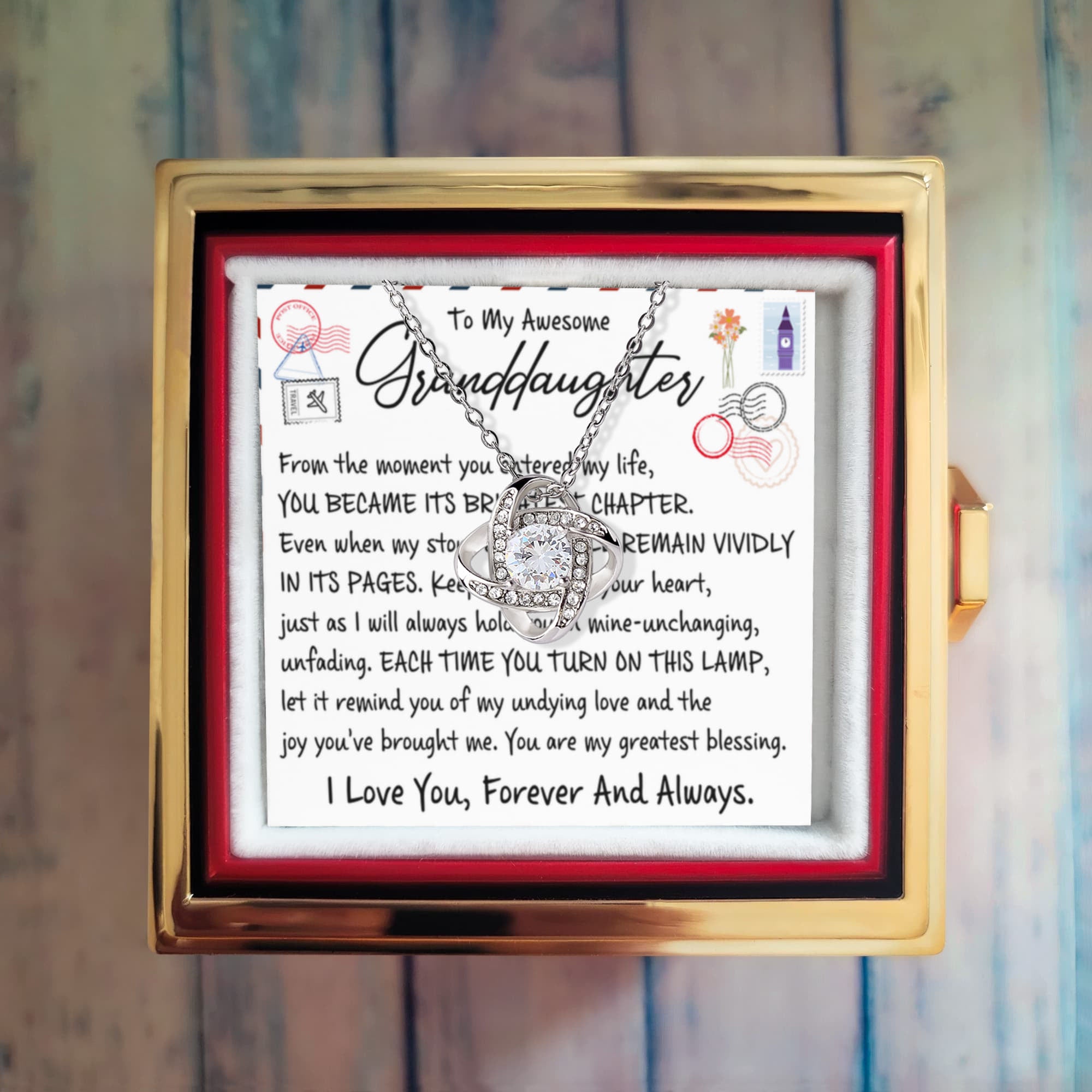 To My Granddaughter – Brightest Chapter Love Knot Necklace with Rotating Rose Box-Express Your Love Gifts