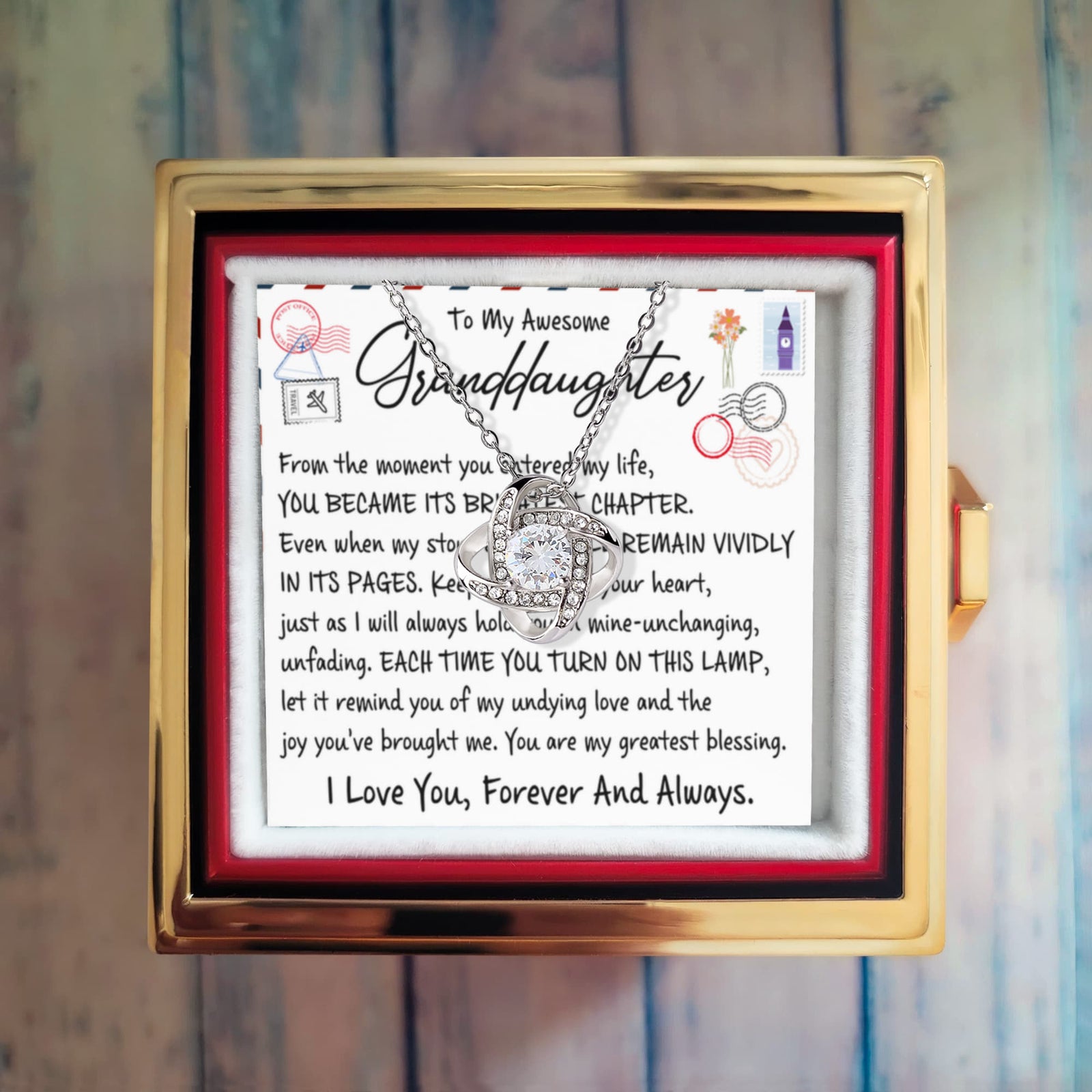 To My Granddaughter – Brightest Chapter Love Knot Necklace with Rotating Rose Box-Express Your Love Gifts