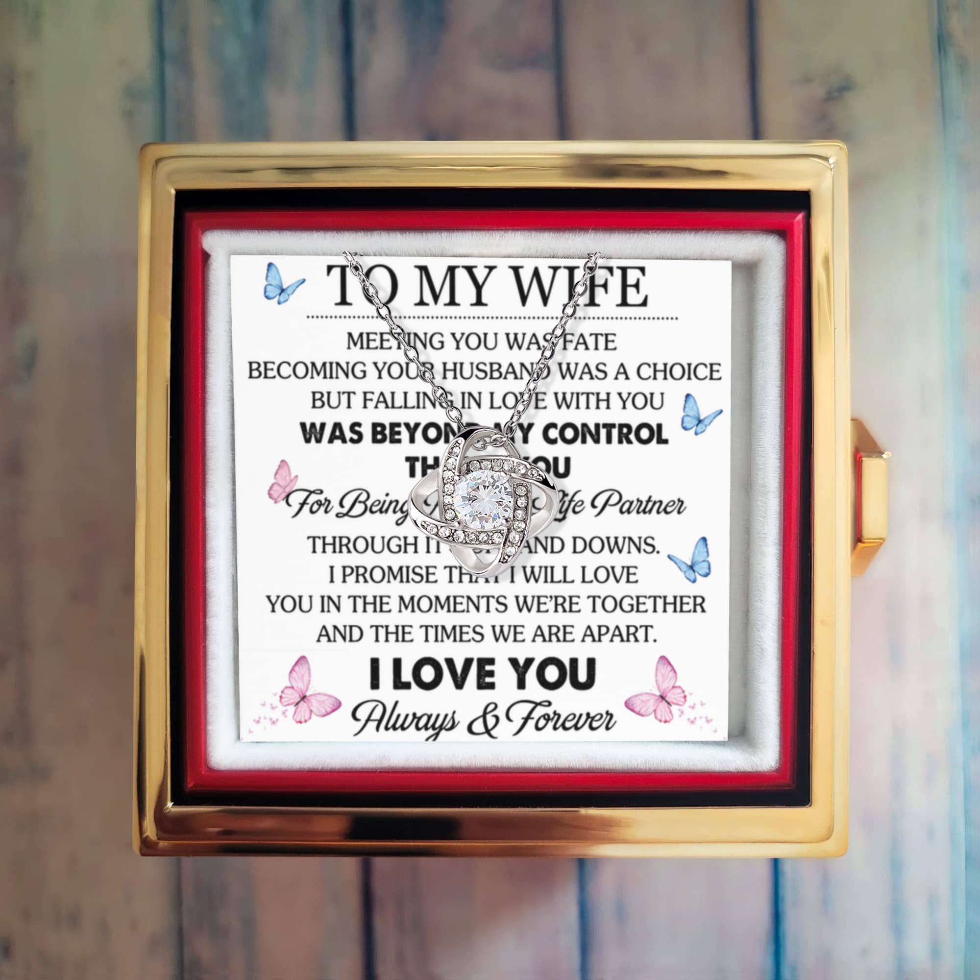 To My Wife – Great Life Partner Love Knot Necklace with Rotating Rose Gift Box-Express Your Love Gifts