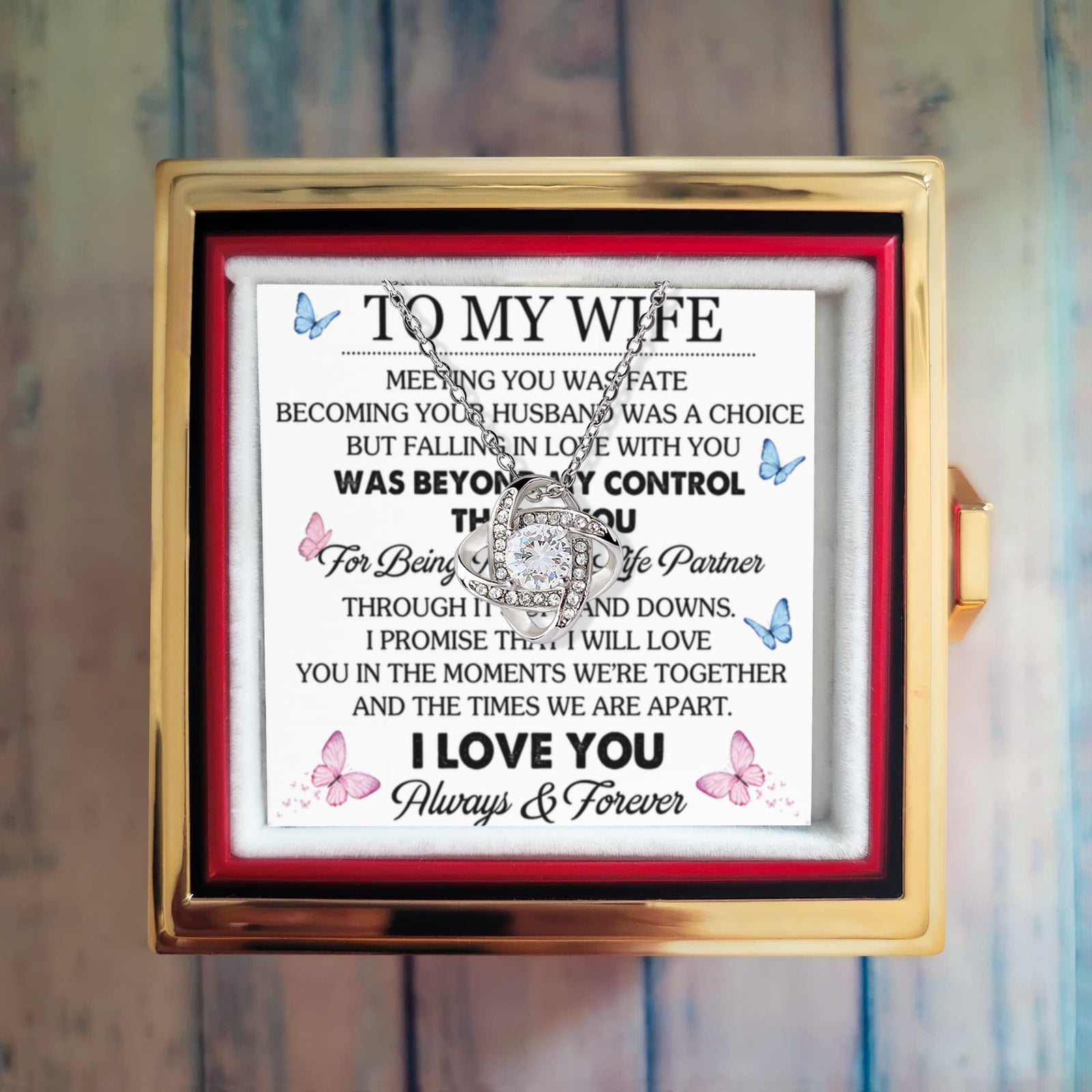 To My Wife – Great Life Partner Love Knot Necklace with Rotating Rose Gift Box-Express Your Love Gifts