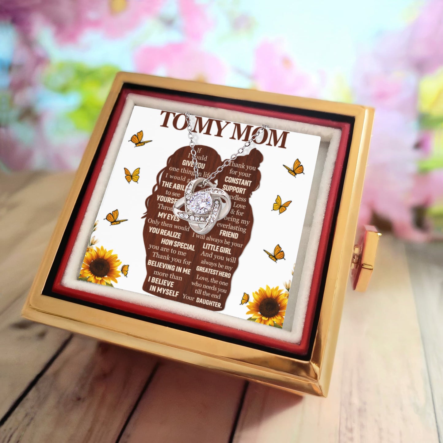 To My Mom – Constant Support Love Knot Necklace with Rotating Rose Box-Express Your Love Gifts