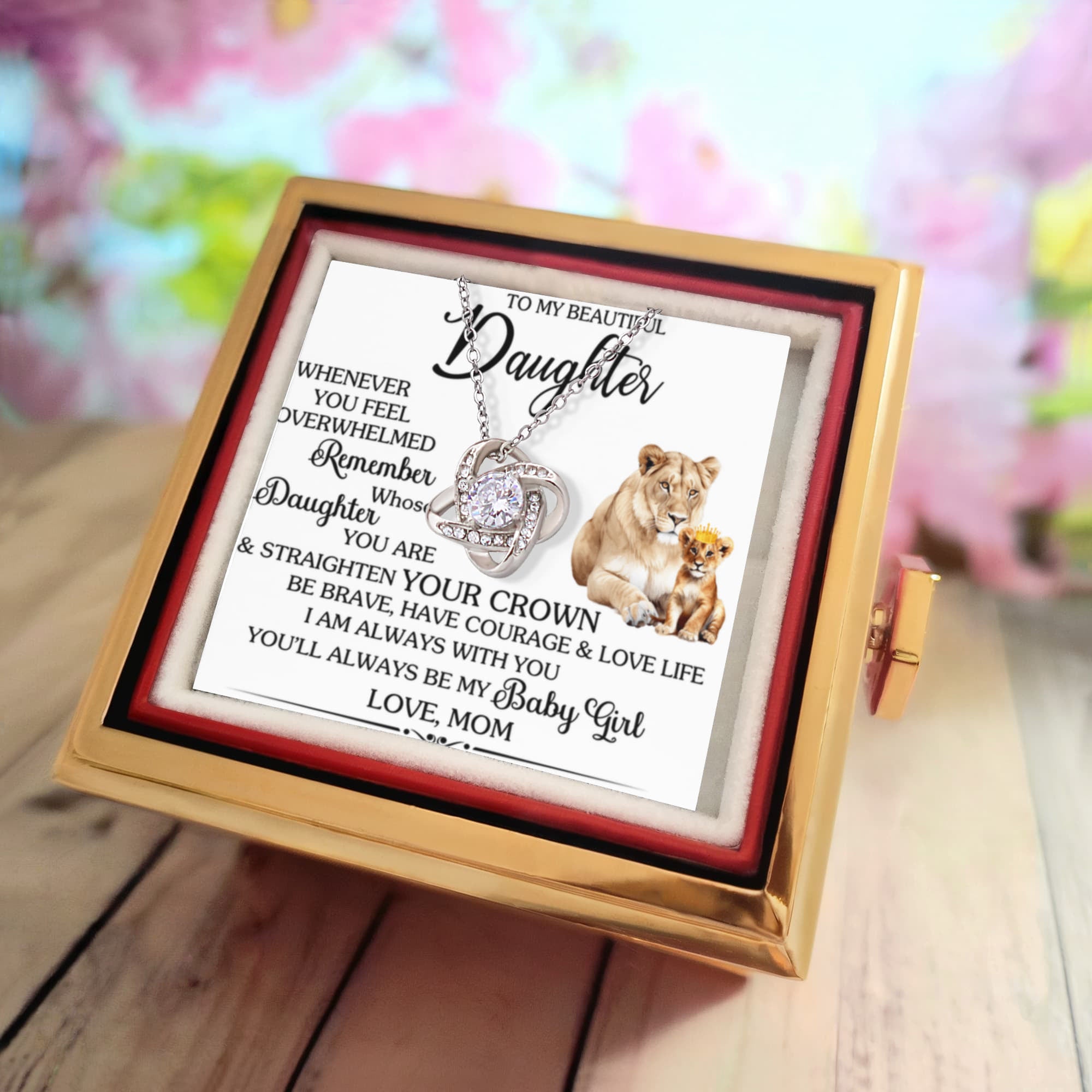 To My Daughter – Straighten Your Crown Love Knot Necklace with Rotating Rose Box-Express Your Love Gifts