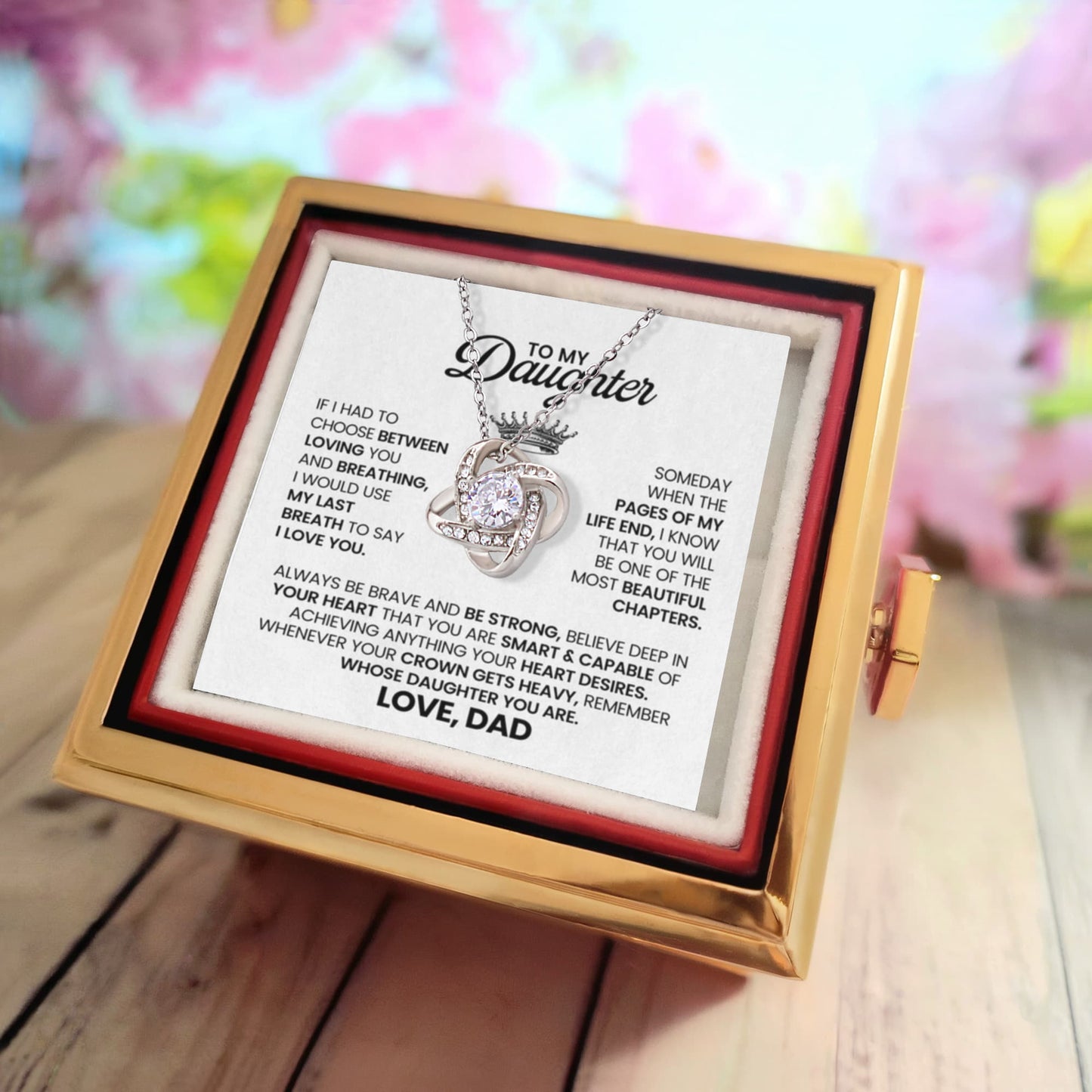 To My Daughter From Dad – Beautiful Chapter Love Knot Necklace with Rotating Rose Box-Express Your Love Gifts