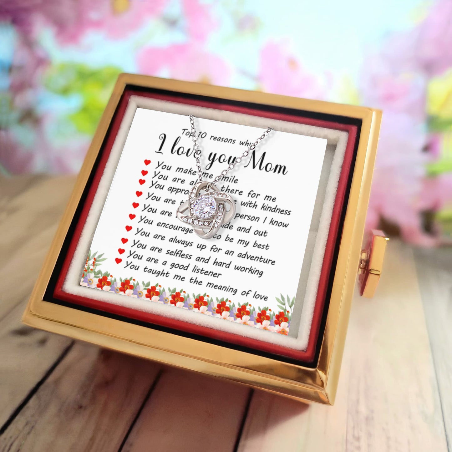 To Mom – Top 10 Reasons I Love You Necklace with Rotating Rose Gift Box-Express Your Love Gifts