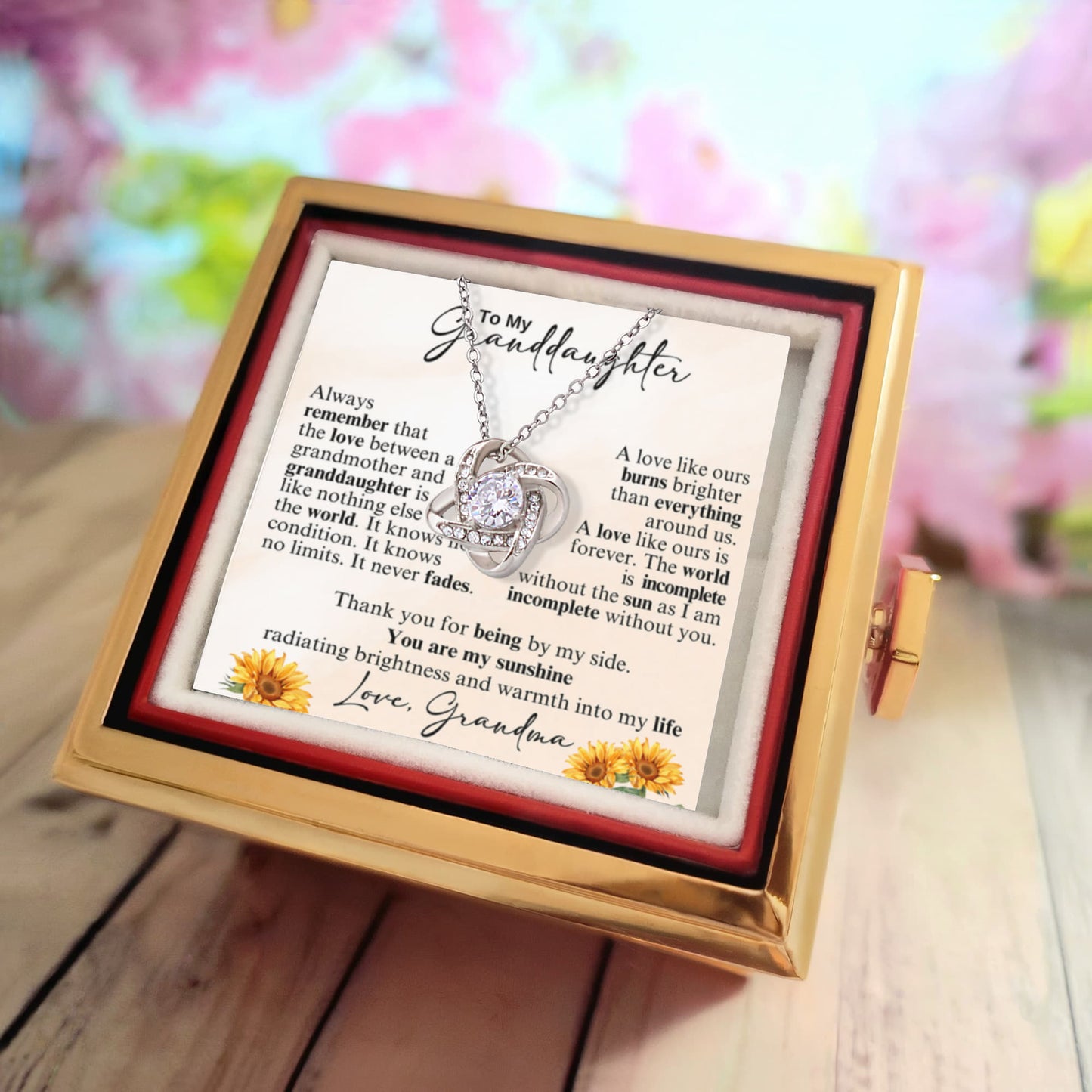 To Granddaughter From Grandma You Are My Sunshine Love Knot with Rotating Rose Box-Express Your Love Gifts