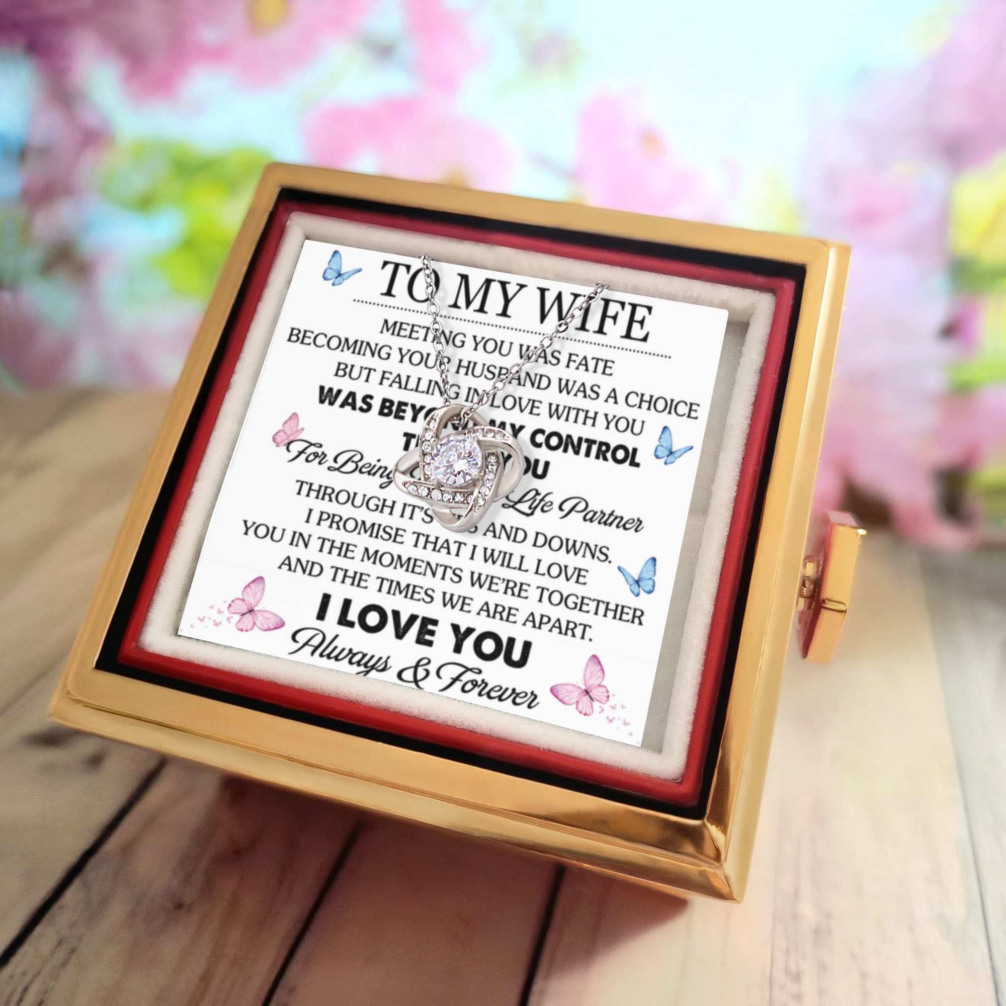 To My Wife – Great Life Partner Love Knot Necklace with Rotating Rose Gift Box-Express Your Love Gifts