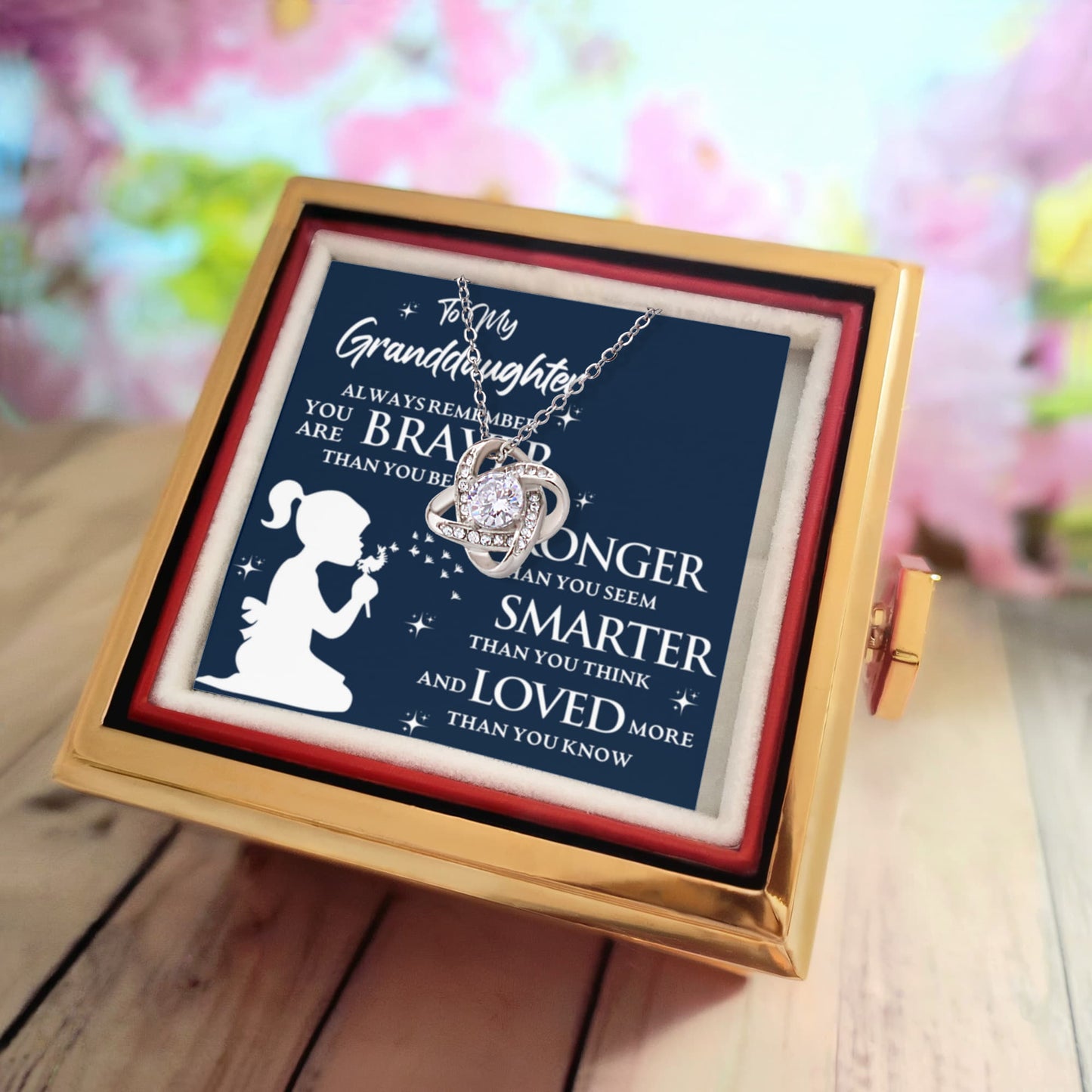 To My Granddaughter – Braver, Stronger, Smarter Love Knot Necklace with Rotating Rose Box-Express Your Love Gifts