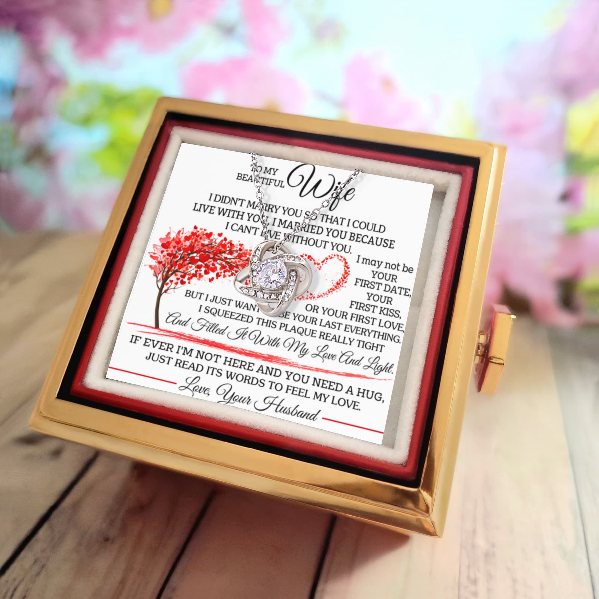 To My Wife – I Can't Live Without You Love Knot Necklace with Rotating Rose Gift Box-Express Your Love Gifts