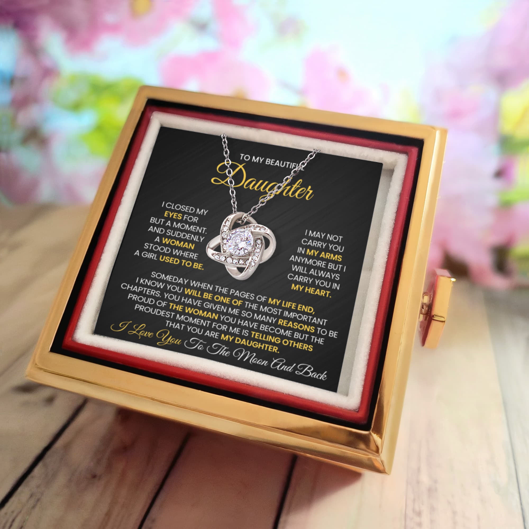 To My Daughter – I Love You to the Moon and Back Love Knot Necklace with Rotating Rose Box-Express Your Love Gifts