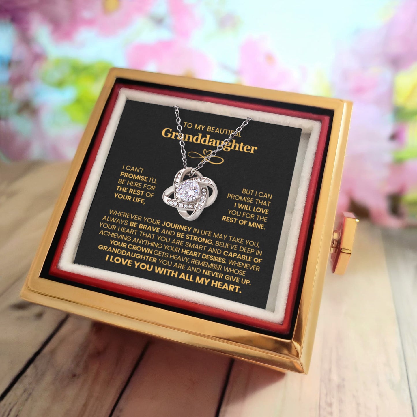 To My Granddaughter – Never Give Up Love Knot Necklace with Rotating Rose Box-Express Your Love Gifts