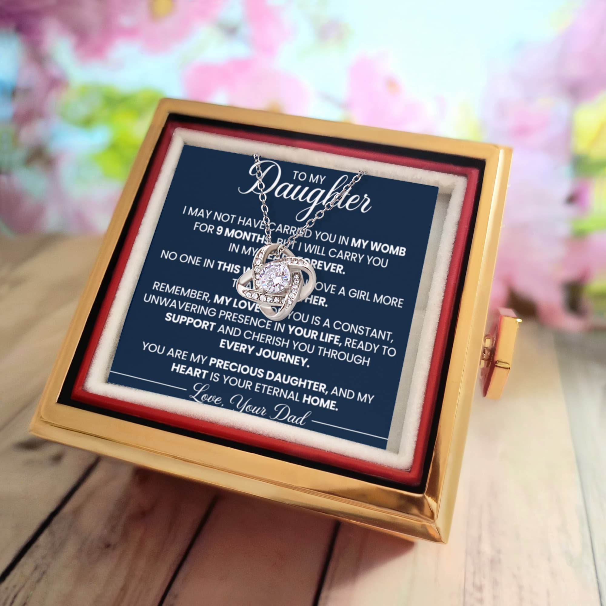 To My Daughter From Dad – In My Heart Forever Love Knot Necklace with Rotating Rose Box-Express Your Love Gifts