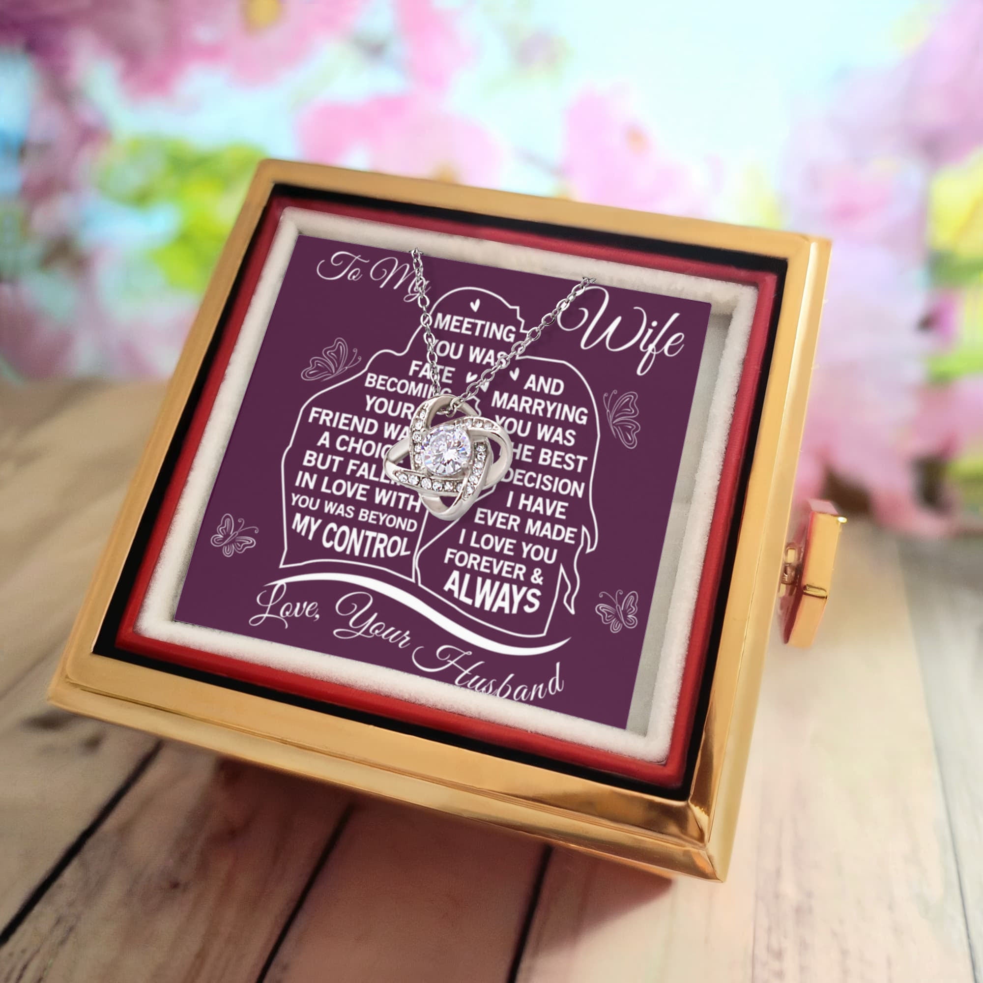 To My Wife – Meeting You Was Fate Love Knot Necklace with Rotating Rose Gift Box-Express Your Love Gifts