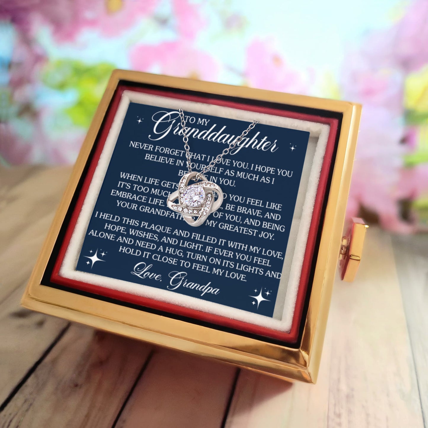 To My Granddaughter – Feel My Love Love Knot Necklace with Rotating Rose Box-Express Your Love Gifts