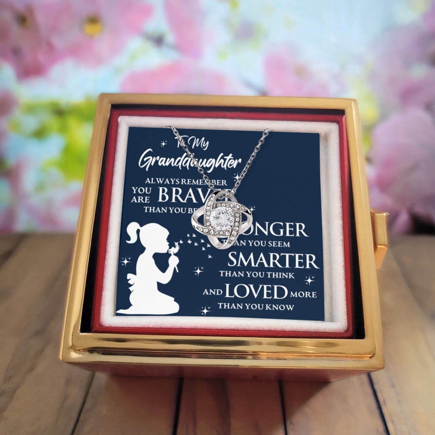 To My Granddaughter – Braver, Stronger, Smarter Love Knot Necklace with Rotating Rose Box-Express Your Love Gifts