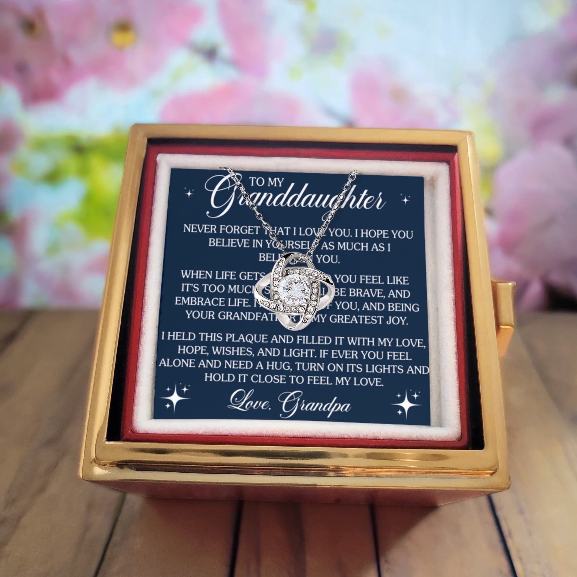 To My Granddaughter – Feel My Love Love Knot Necklace with Rotating Rose Box-Express Your Love Gifts