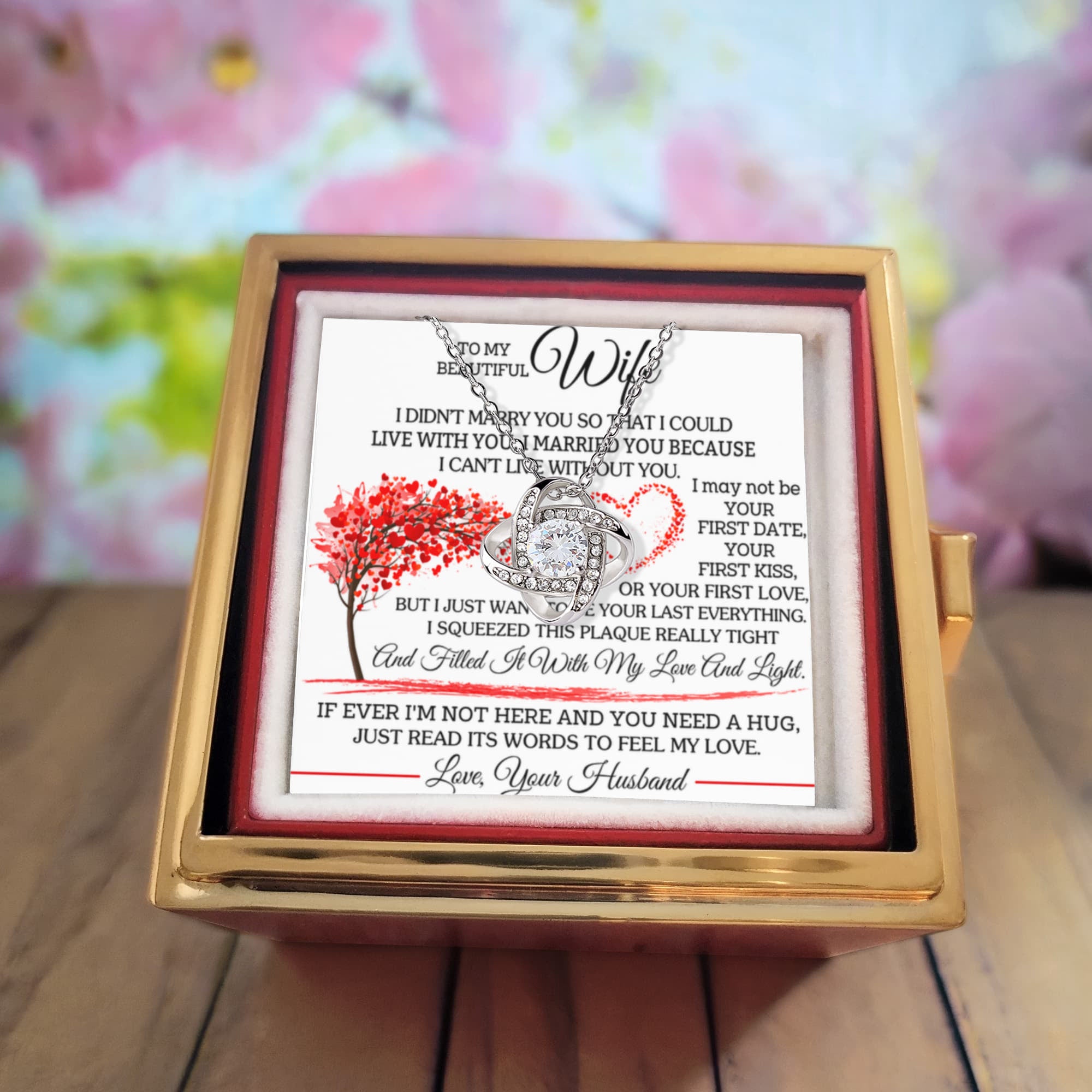 To My Wife – I Can't Live Without You Love Knot Necklace with Rotating Rose Gift Box-Express Your Love Gifts