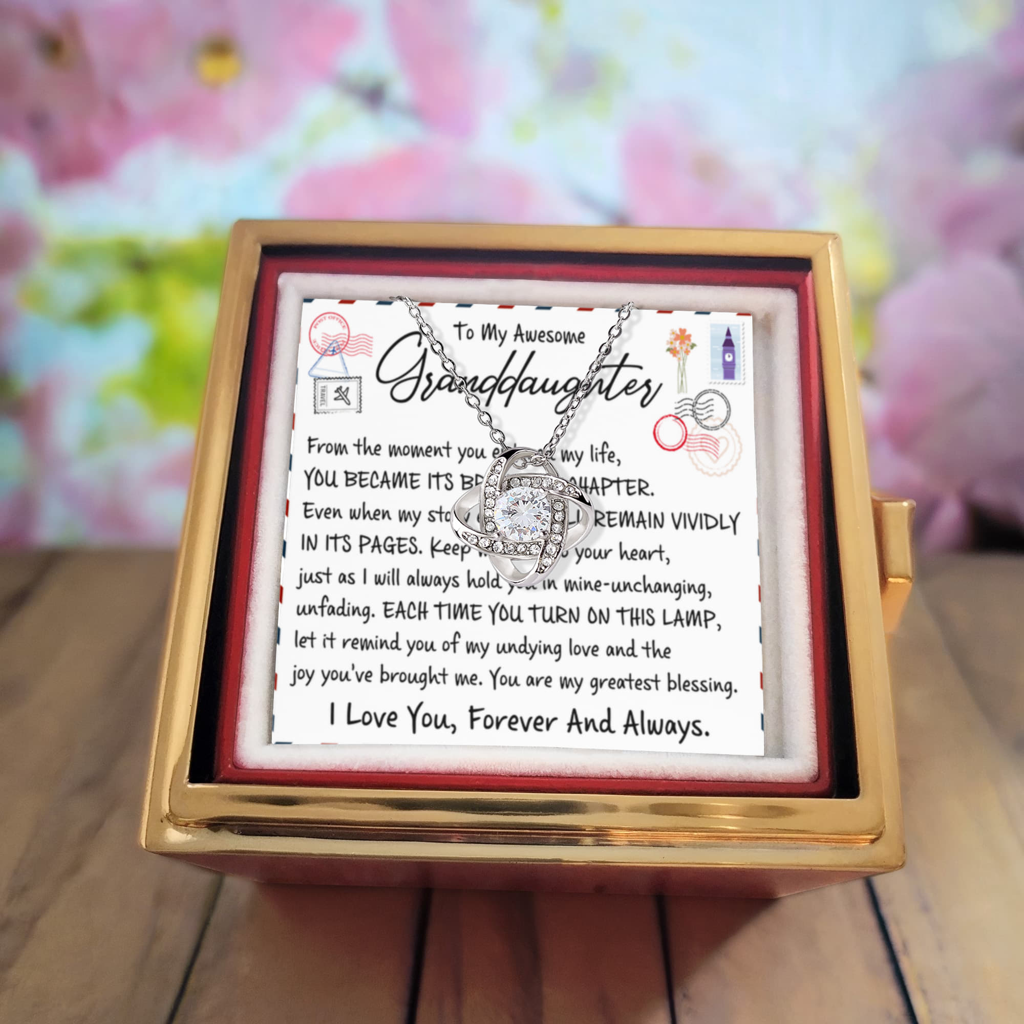 To My Granddaughter – Brightest Chapter Love Knot Necklace with Rotating Rose Box-Express Your Love Gifts