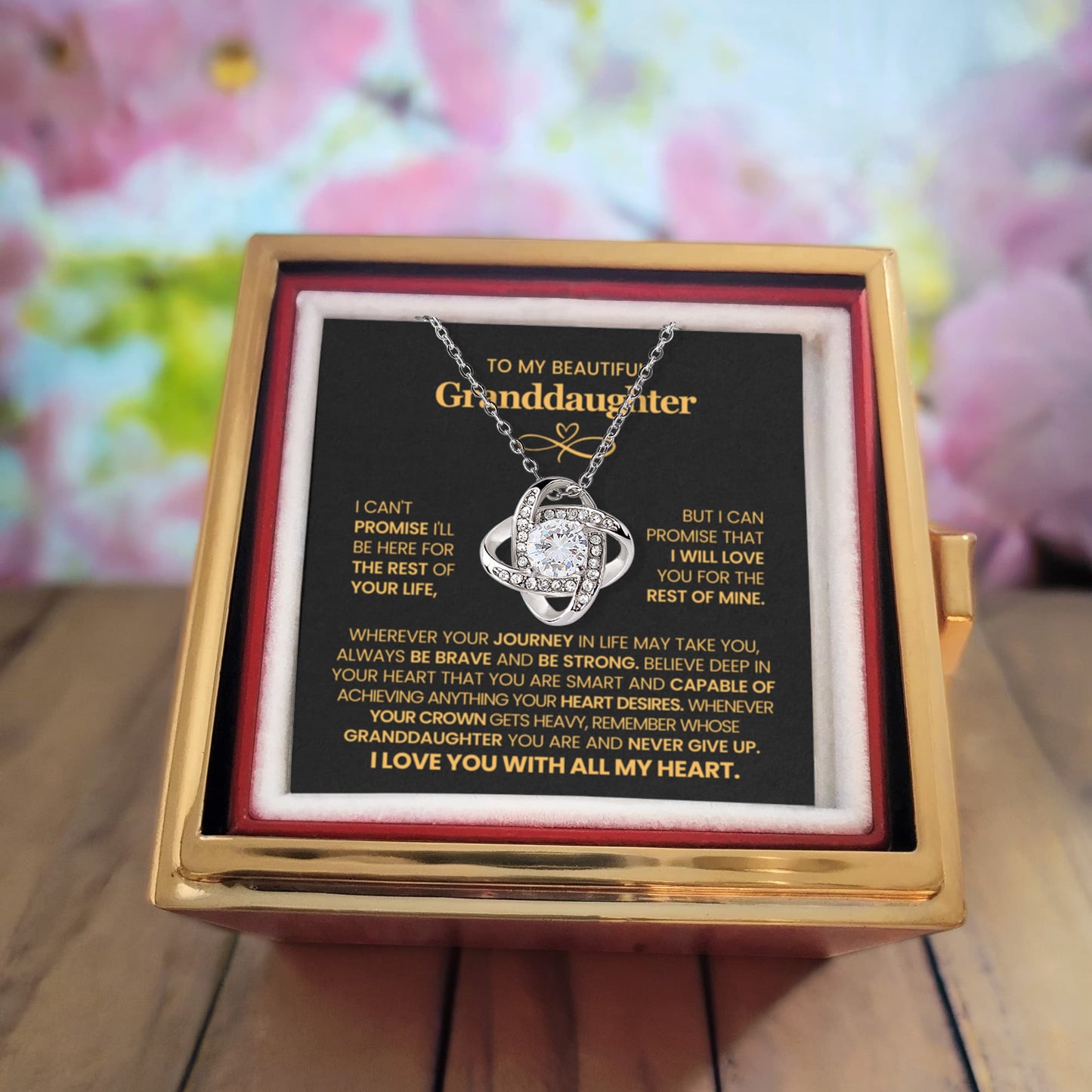 To My Granddaughter – Never Give Up Love Knot Necklace with Rotating Rose Box-Express Your Love Gifts