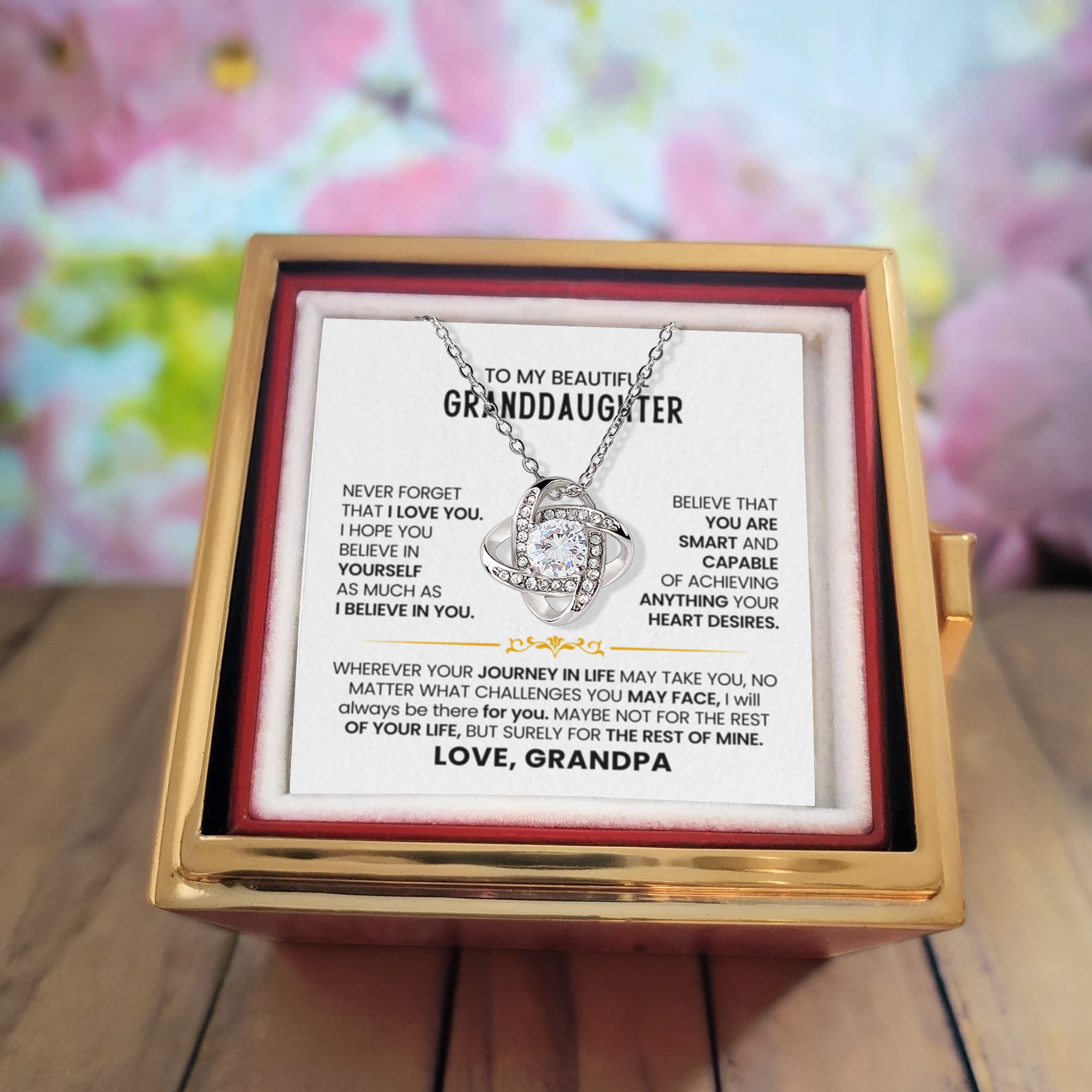 To My Granddaughter – I Believe in You Love Knot Necklace with Rotating Rose Box-Express Your Love Gifts