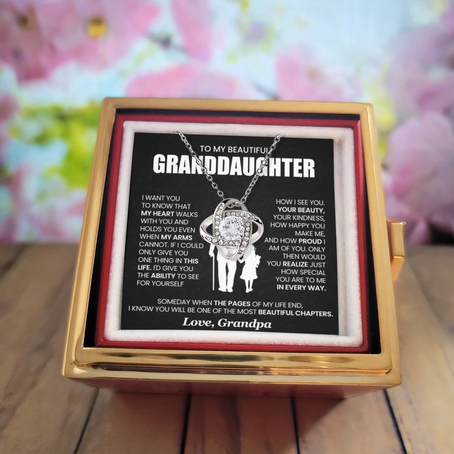 To My Granddaughter – Beautiful Chapters Love Knot Necklace with Rotating Rose Gift Box-Express Your Love Gifts