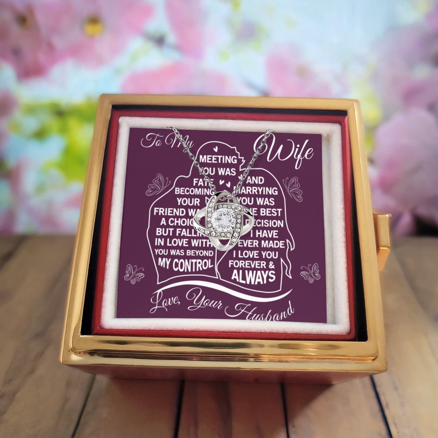 To My Wife – Meeting You Was Fate Love Knot Necklace with Rotating Rose Gift Box-Express Your Love Gifts