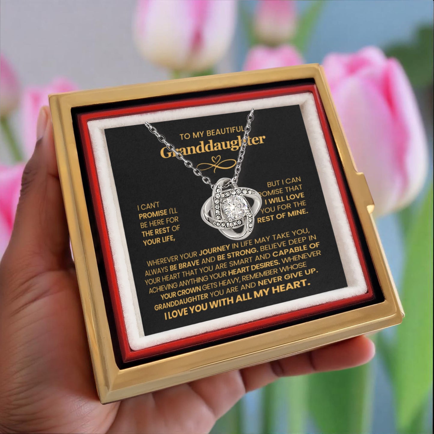 To My Granddaughter – Never Give Up Love Knot Necklace with Rotating Rose Box-Express Your Love Gifts