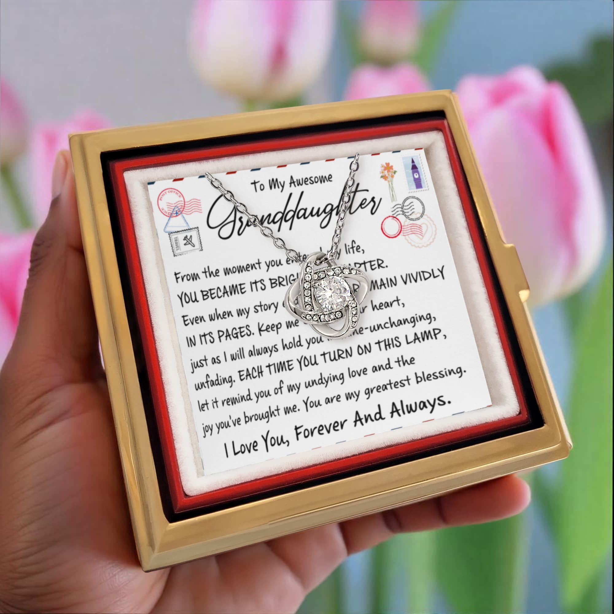 To My Granddaughter – Brightest Chapter Love Knot Necklace with Rotating Rose Box-Express Your Love Gifts