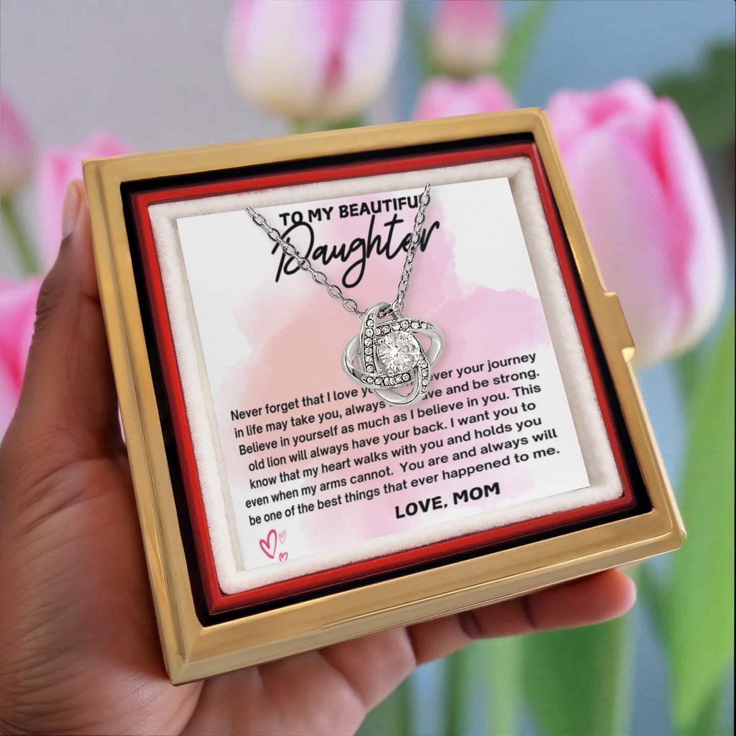 To Daughter From Mom Never Forget That I Love You Love Knot with Rotating Rose Box-Express Your Love Gifts