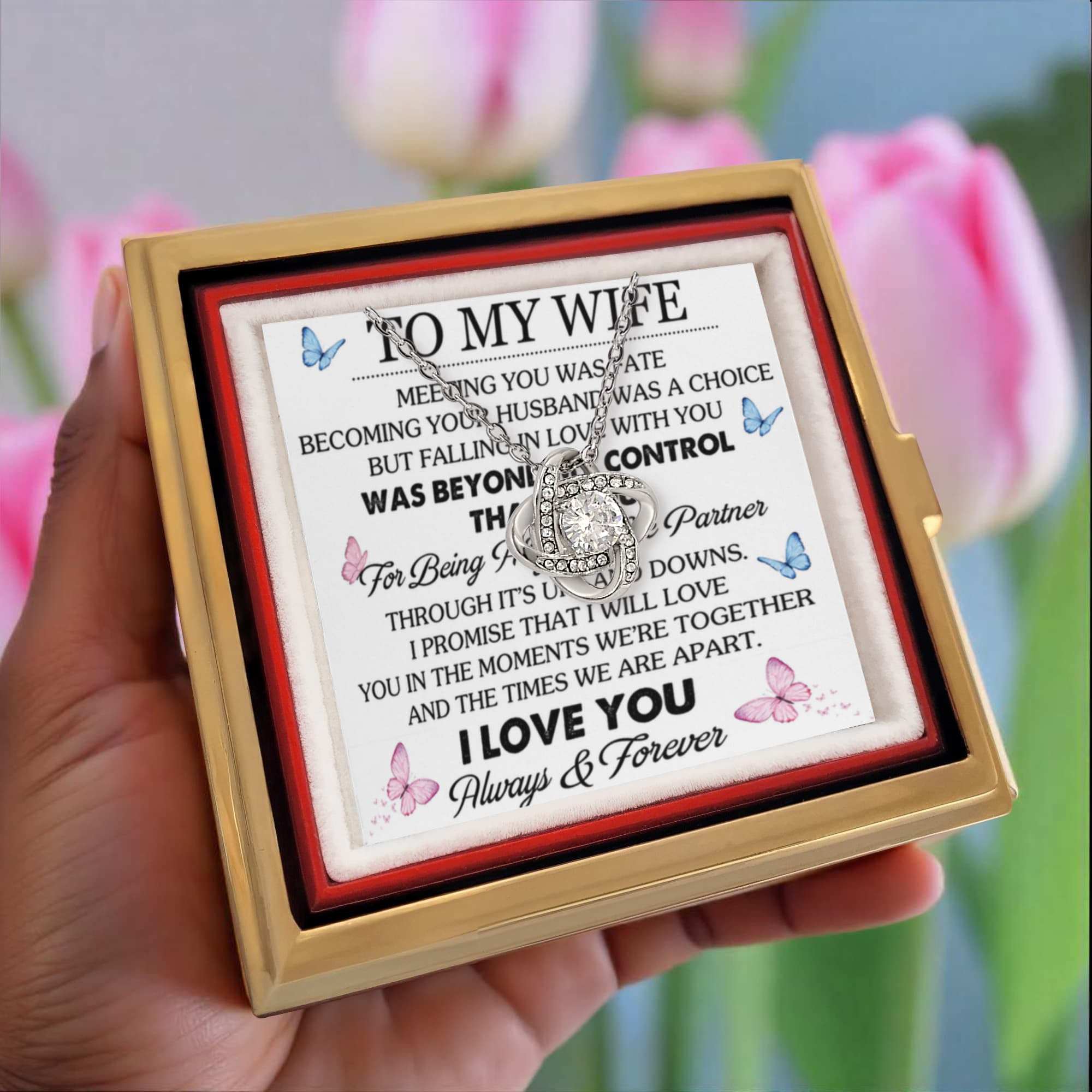 To My Wife – Great Life Partner Love Knot Necklace with Rotating Rose Gift Box-Express Your Love Gifts