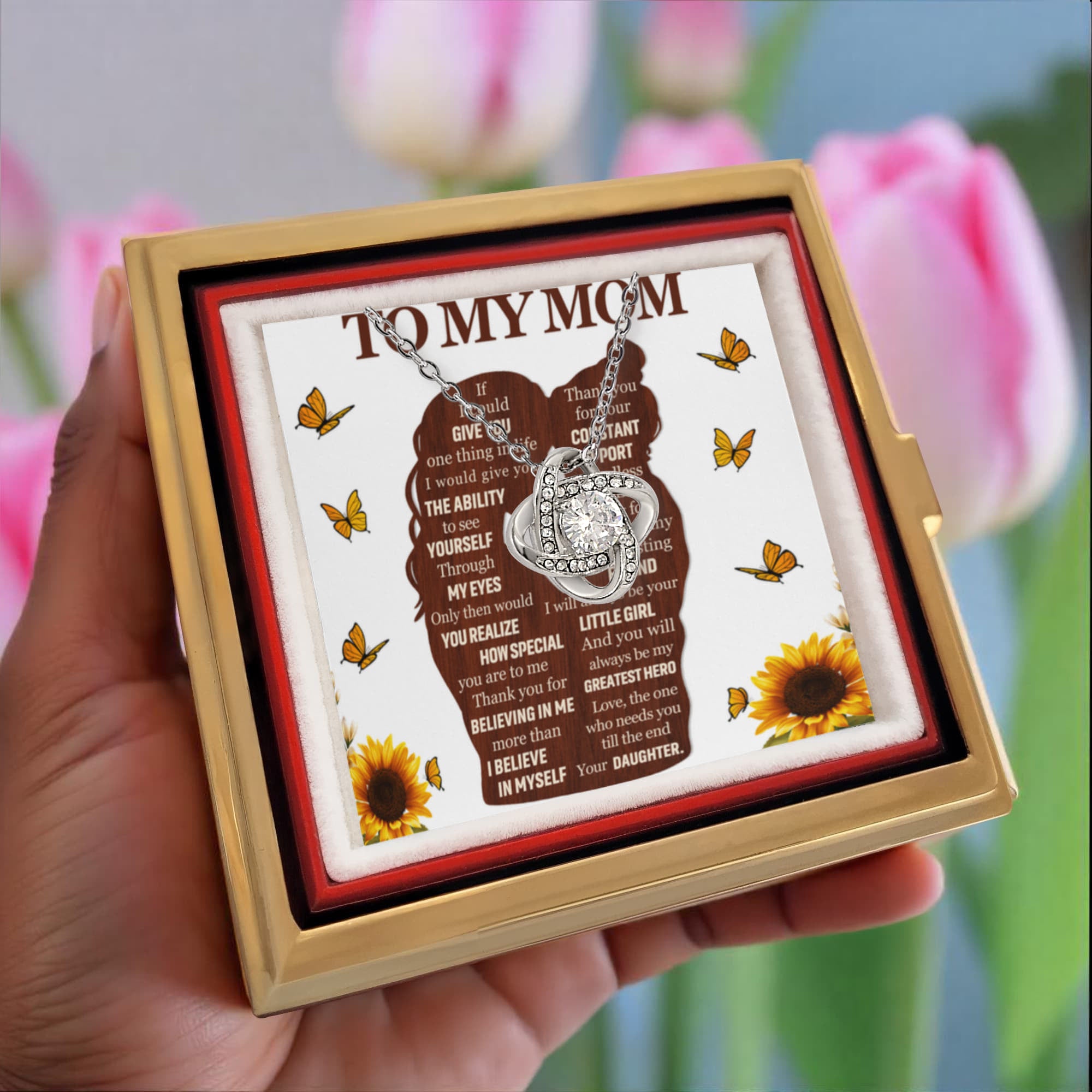 To My Mom – Constant Support Love Knot Necklace with Rotating Rose Box-Express Your Love Gifts