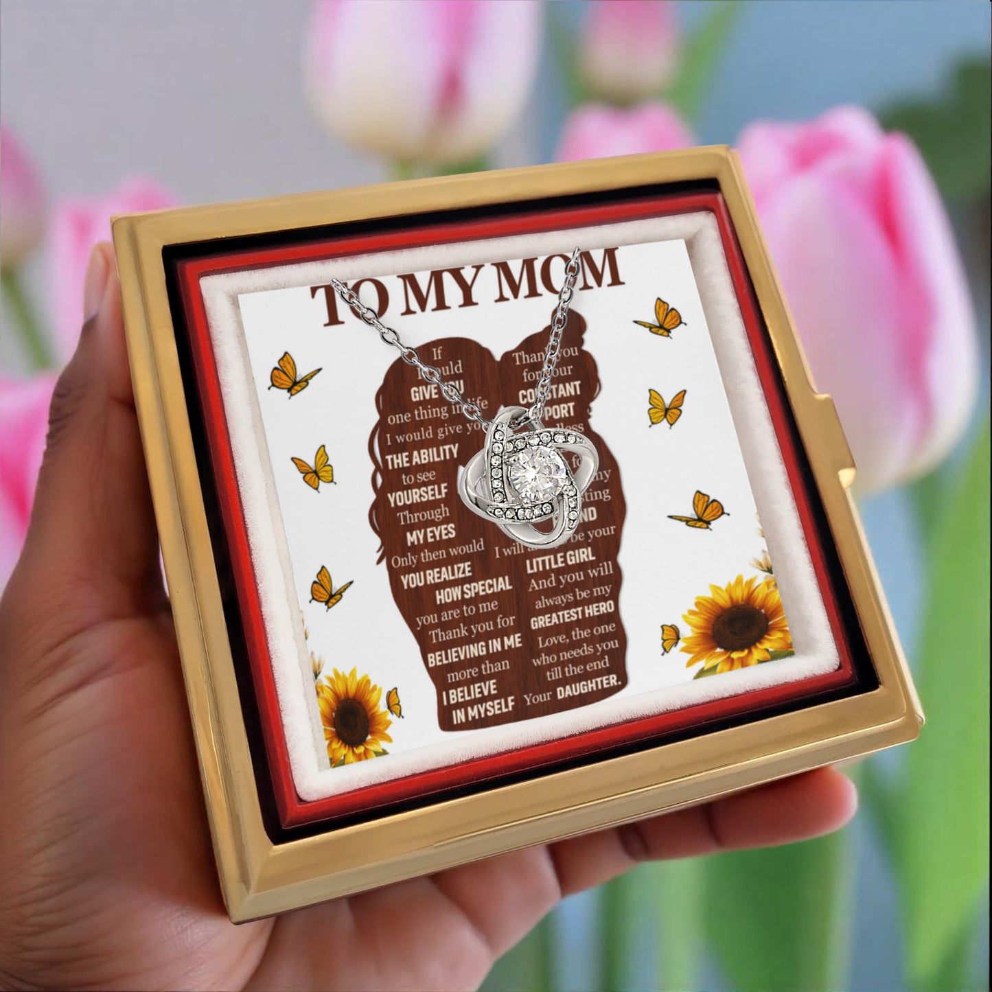 To My Mom – Constant Support Love Knot Necklace with Rotating Rose Box-Express Your Love Gifts