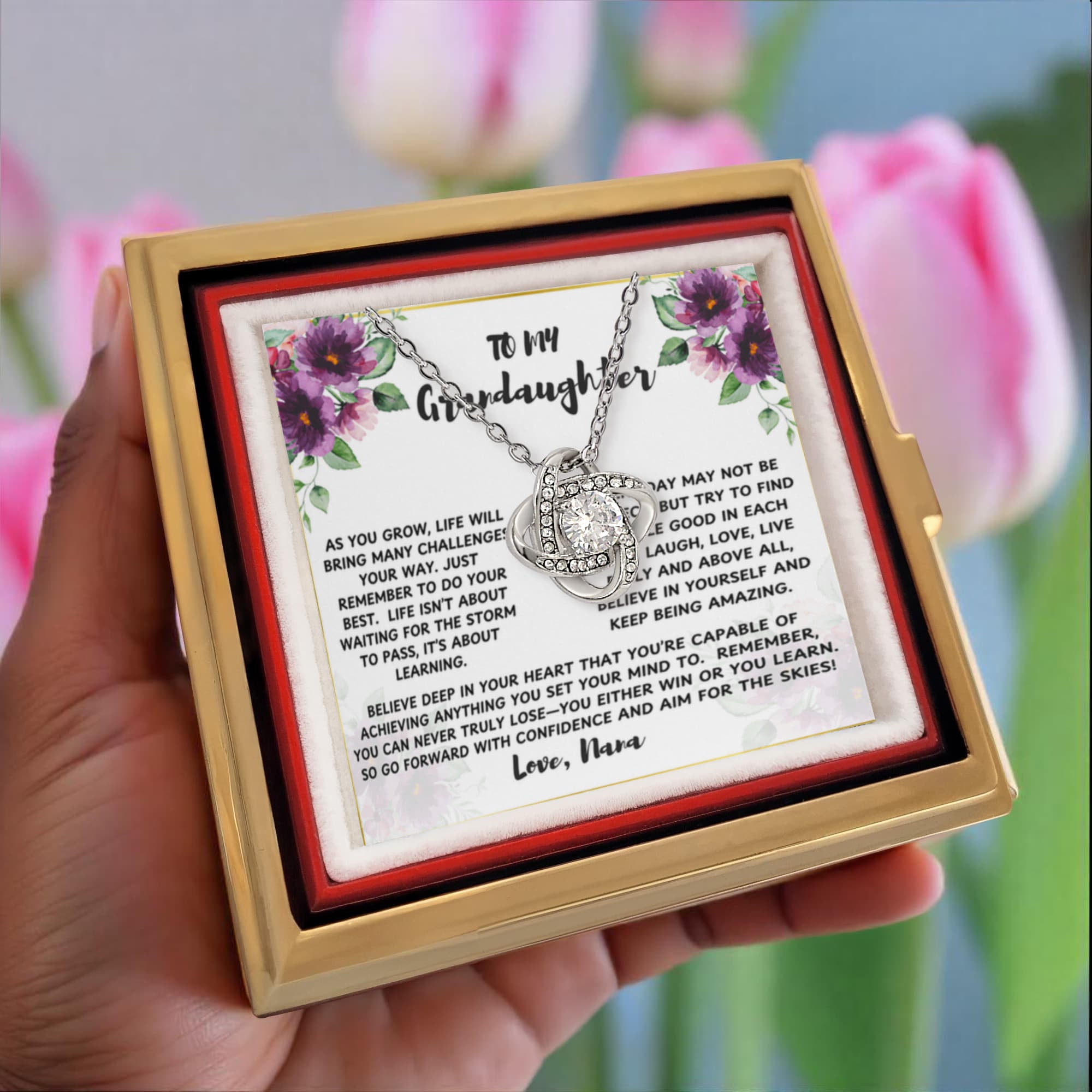 To Grandaughter As You Grow Love Knot with Rotating Rose Box-Express Your Love Gifts