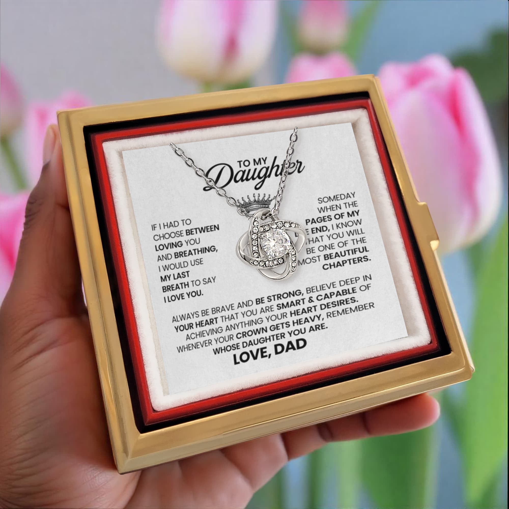 To My Daughter From Dad – Beautiful Chapter Love Knot Necklace with Rotating Rose Box-Express Your Love Gifts