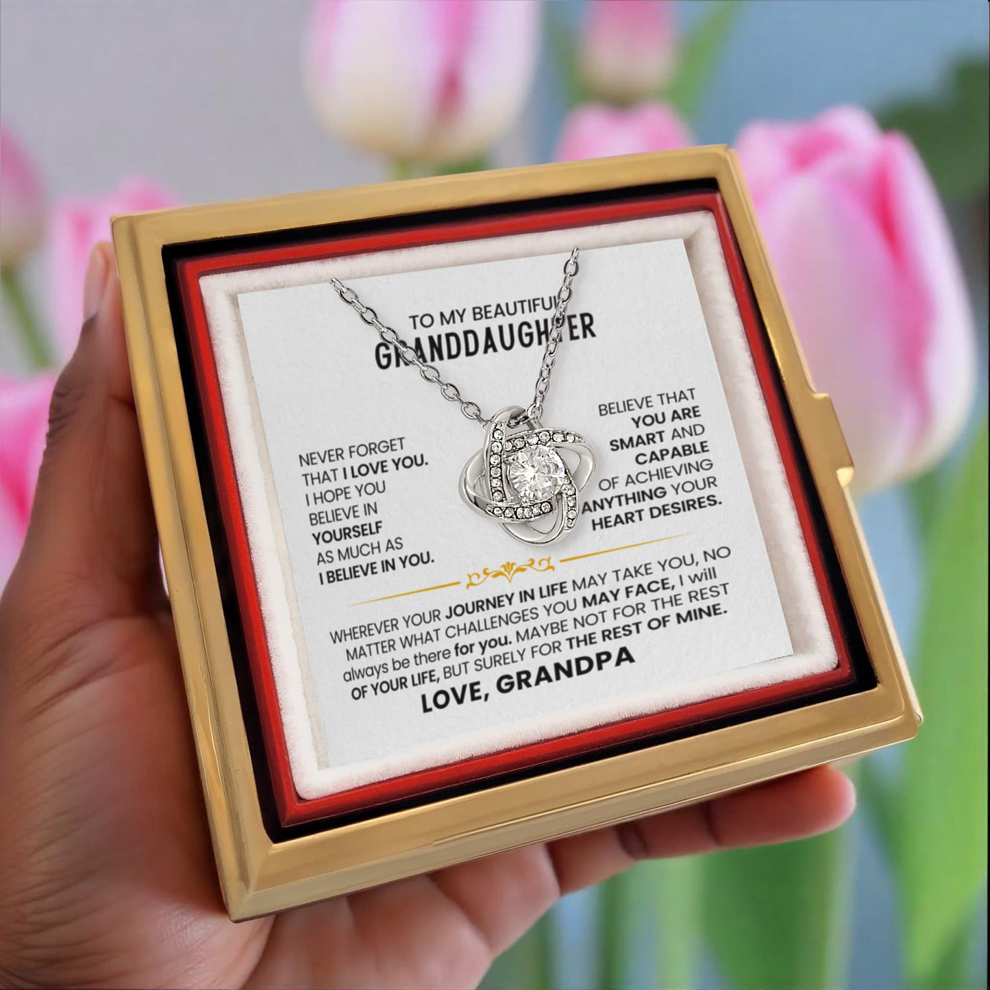 To My Granddaughter – I Believe in You Love Knot Necklace with Rotating Rose Box-Express Your Love Gifts