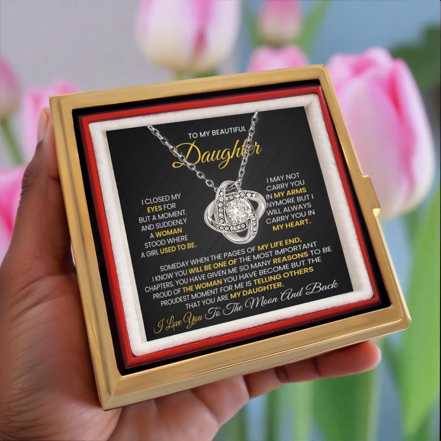 To My Daughter – I Love You to the Moon and Back Love Knot Necklace with Rotating Rose Box-Express Your Love Gifts